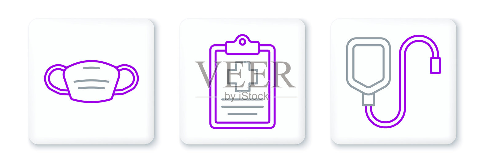 设置静脉输液袋、医用防护口罩和病人记录图标。矢量图。插画图片素材