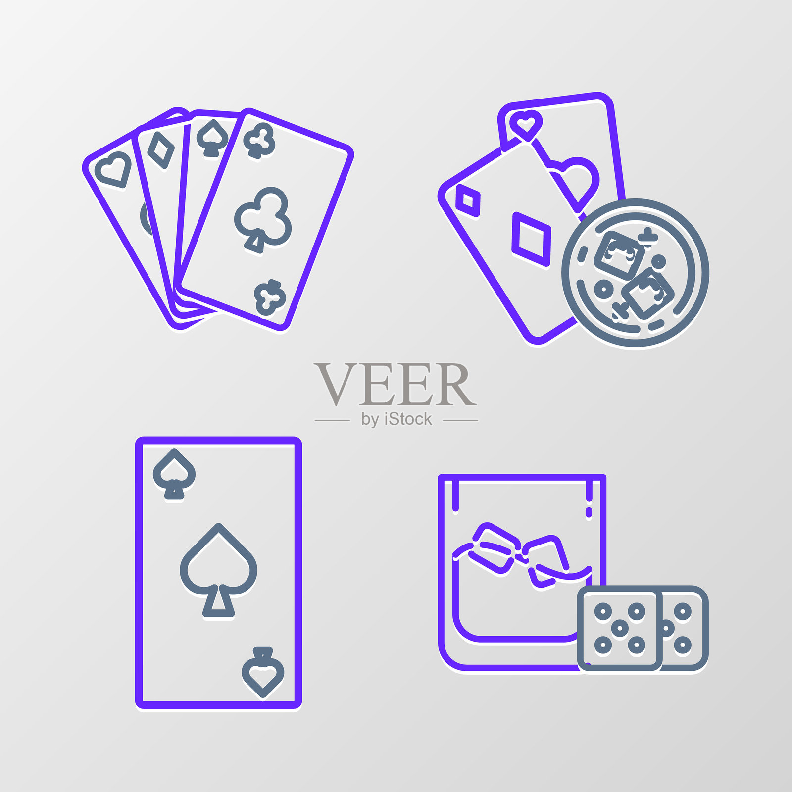 游戏骰子和冰块威士忌杯，黑桃符号的扑克牌，牌和图标。矢量图。插画图片素材