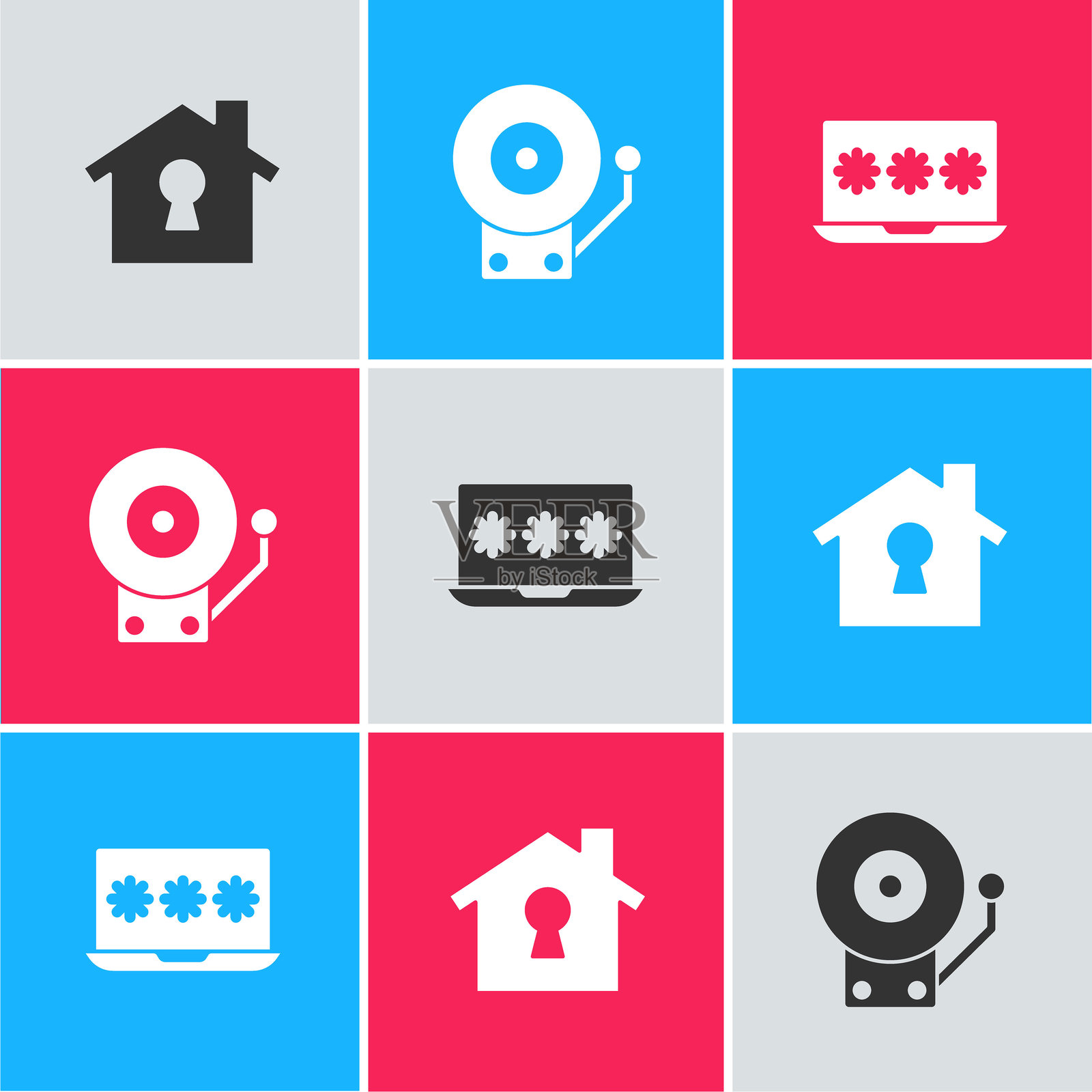 房屋设防，响铃警报和带密码图标的笔记本电脑。矢量图。插画图片素材