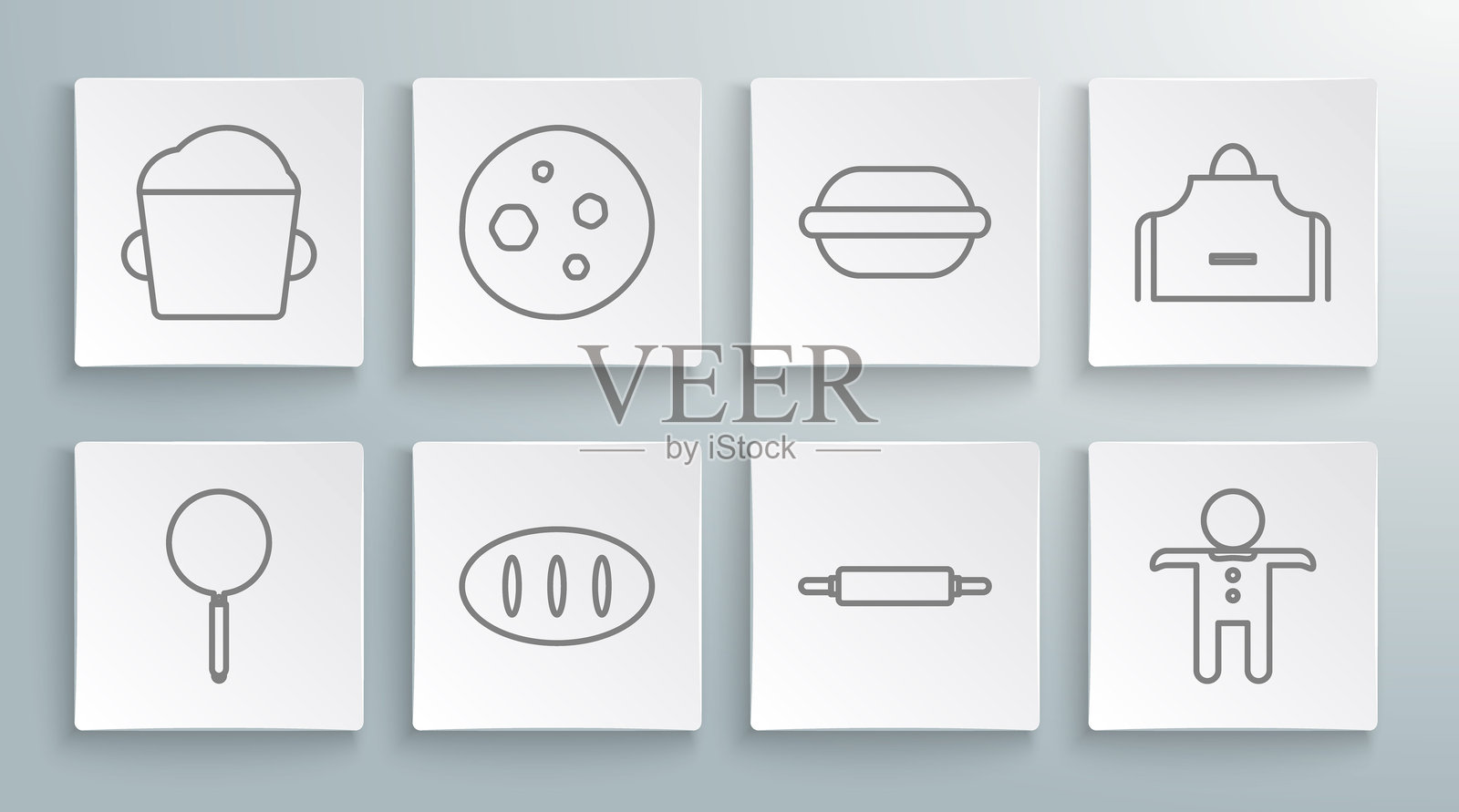 平底锅、巧克力饼干、面包条、擀面杖、节日姜饼人饼干、马卡龙、厨房围裙和烘焙碗面团图标。矢量图。插画图片素材