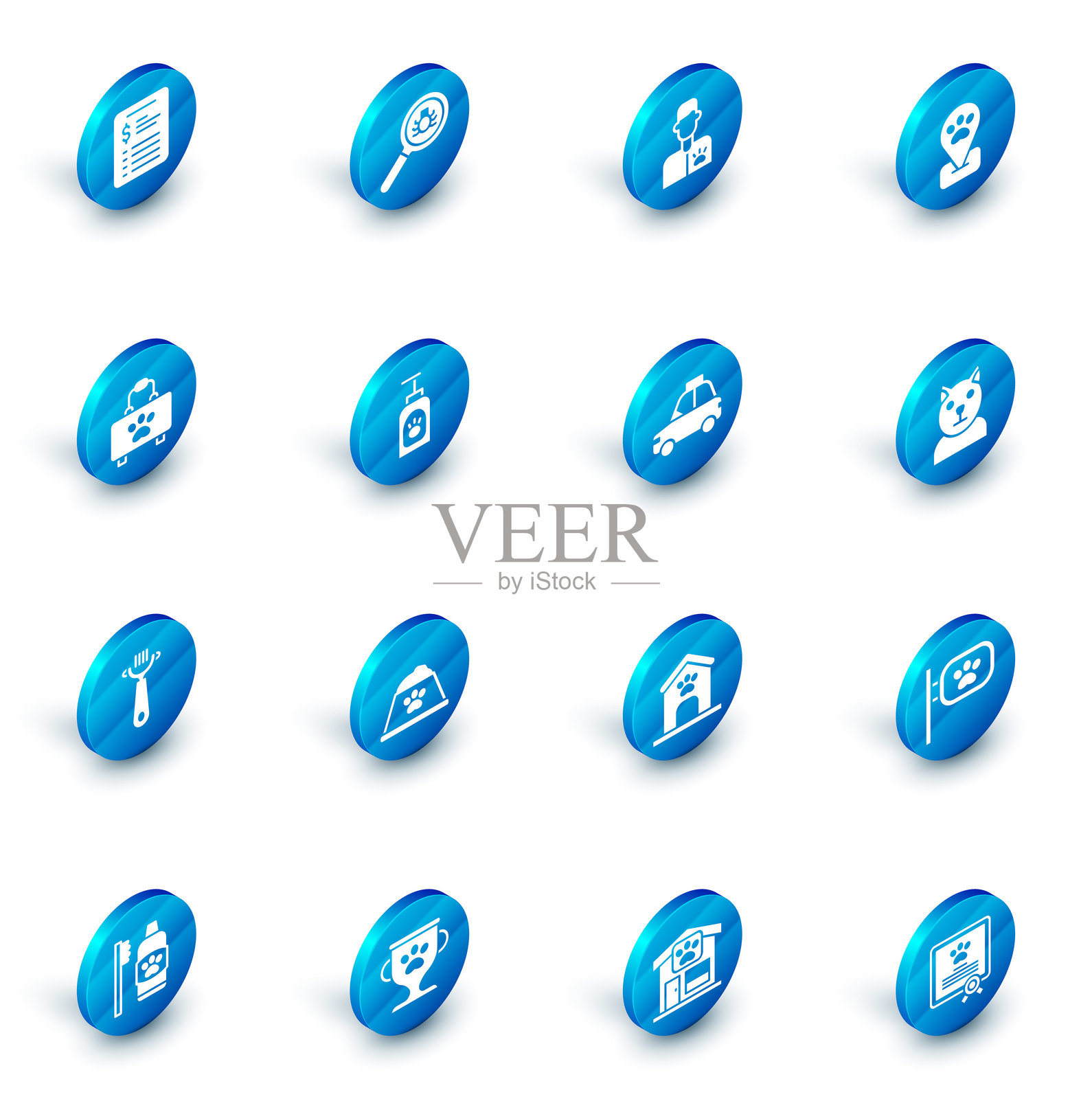 跳蚤搜索设置，兽医，宠物美容地点，宠物急救包，狗用梳子和洗发水，猫和出租车图标。矢量图。插画图片素材