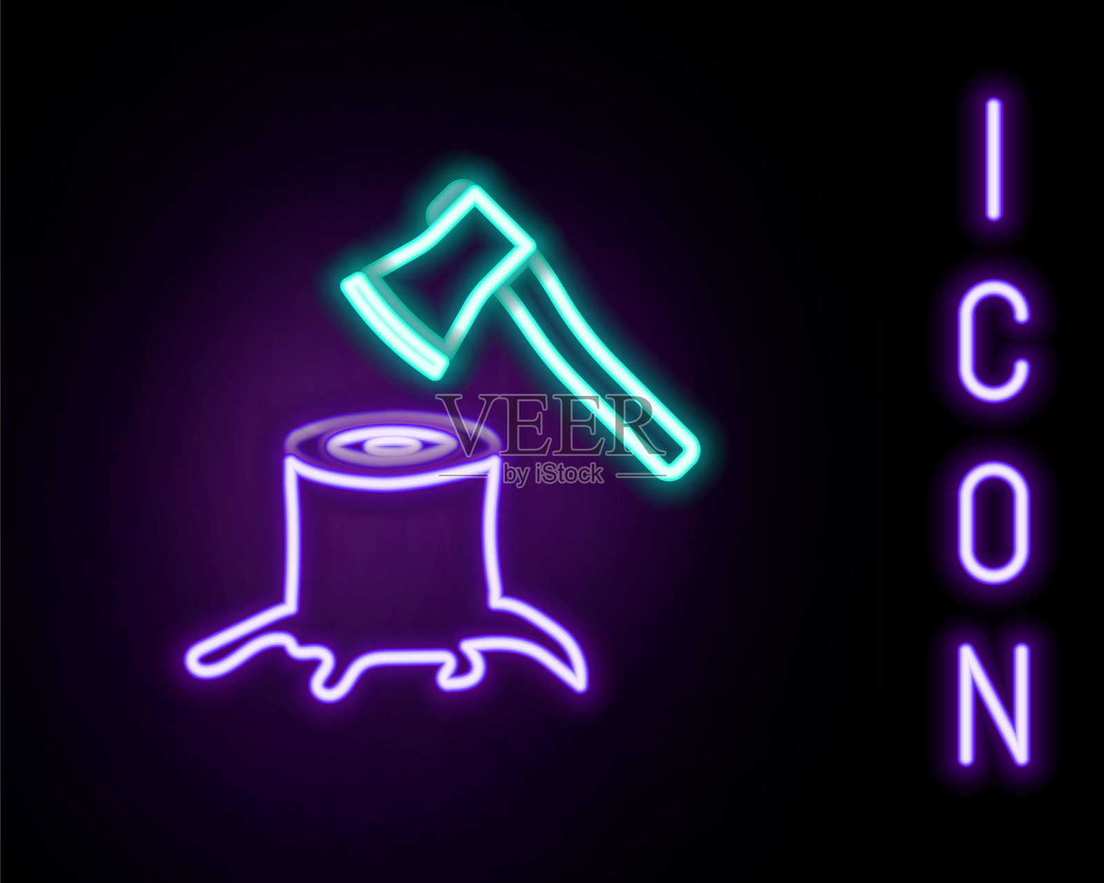 发光的霓虹线木斧图标，孤立在黑色背景上。伐木工斧。斧头插在木头里。彩色轮廓概念。矢量图。插画图片素材