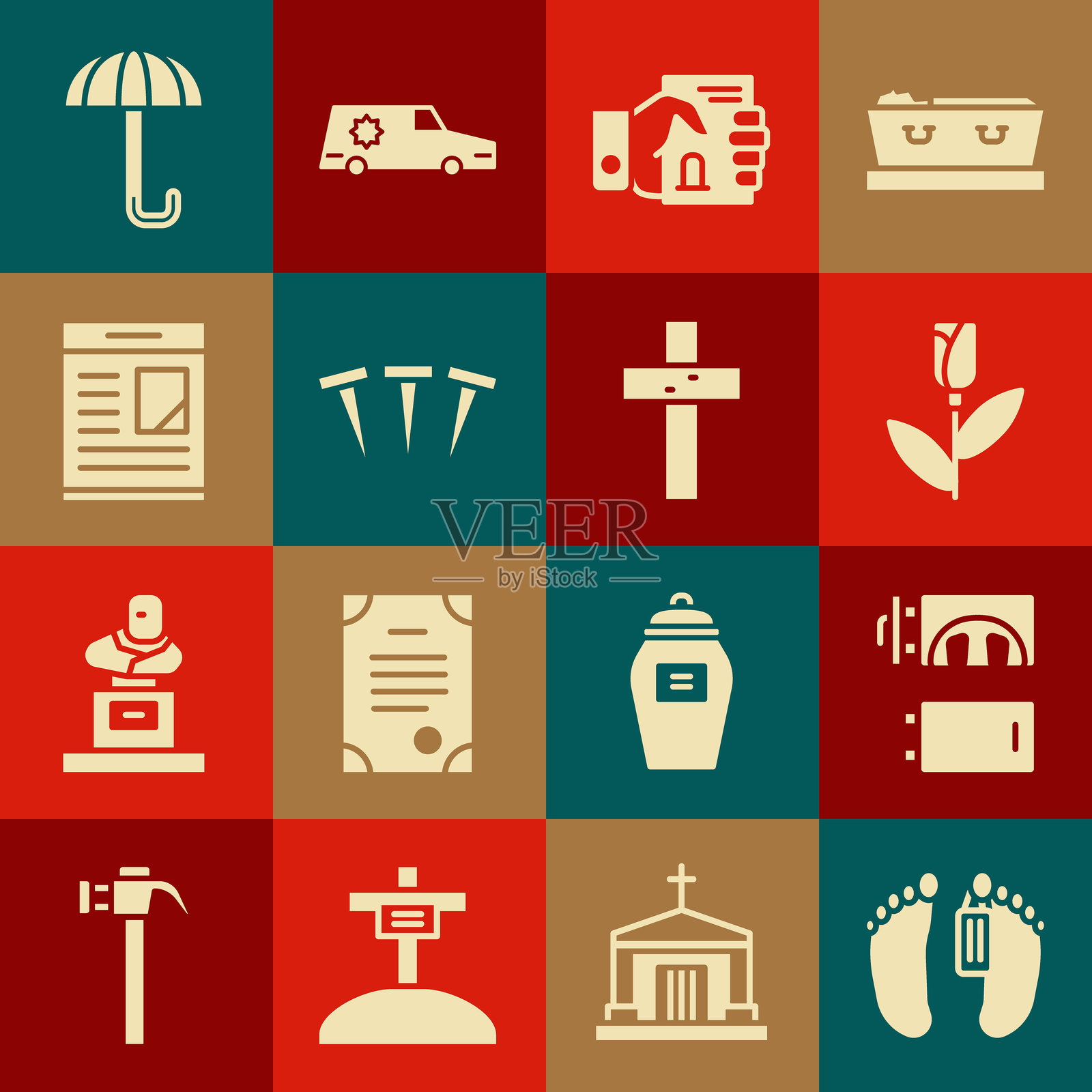 尸体，火葬场，玫瑰花，手持死亡证明，金属钉，讣告，雨伞和基督教十字架图标。矢量图插画图片素材