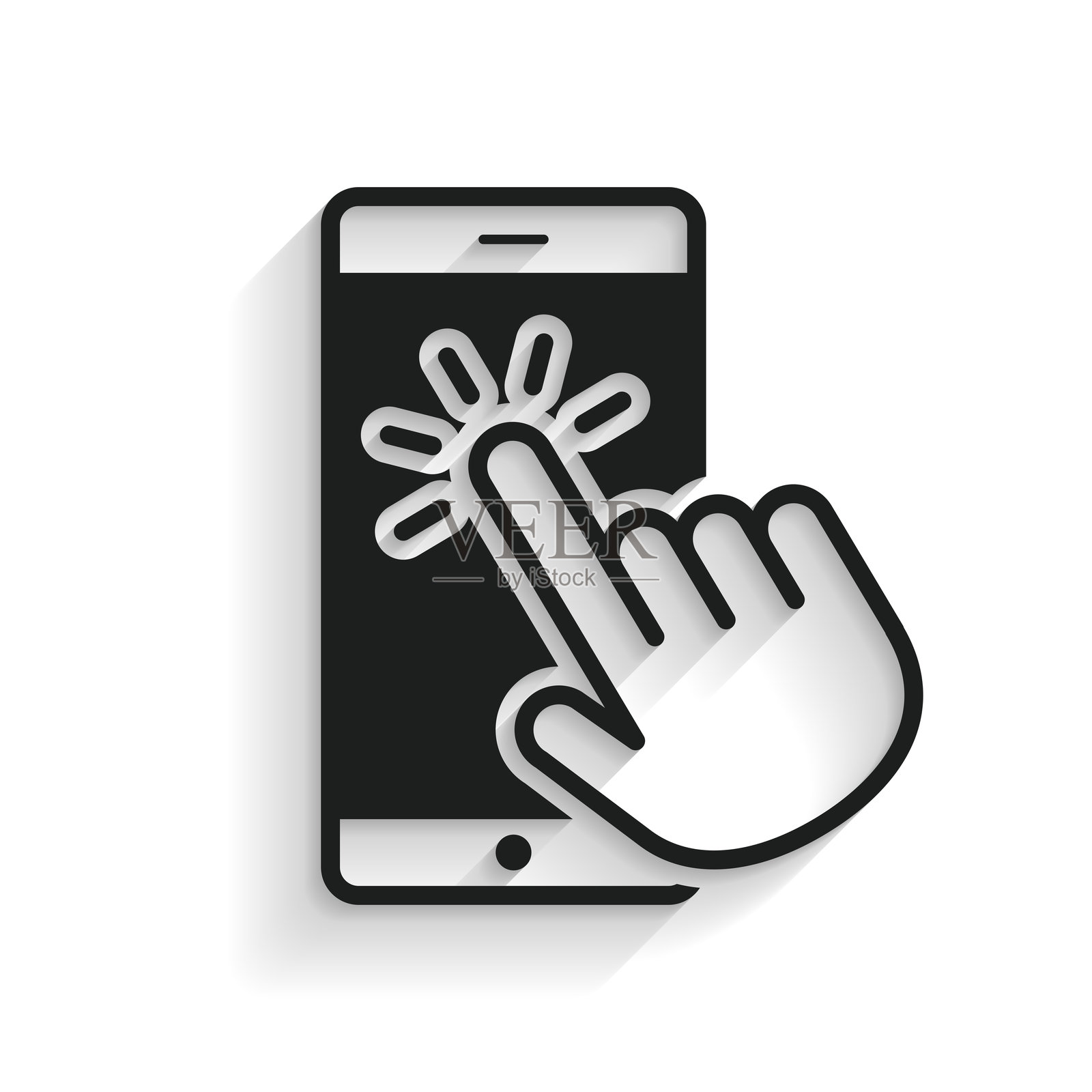 手触摸智能手机。白色背景上的长阴影图标插画图片素材