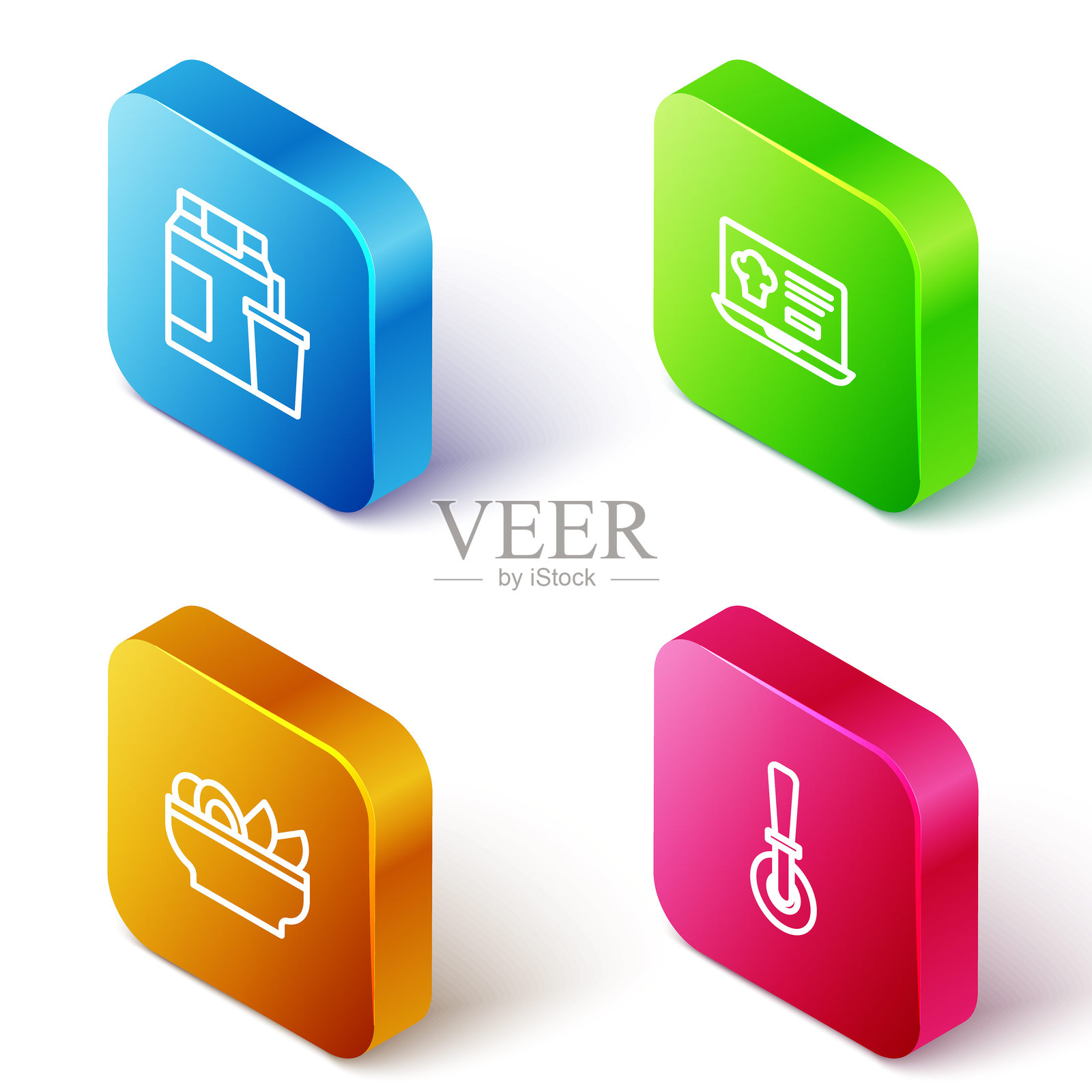 等距线在线订购和配送，玉米片盘和披萨刀图标。矢量图。插画图片素材