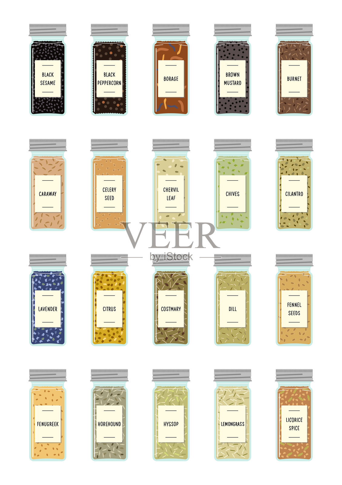 高玻璃罐中的香料和草药，带有罐盖插画图片素材