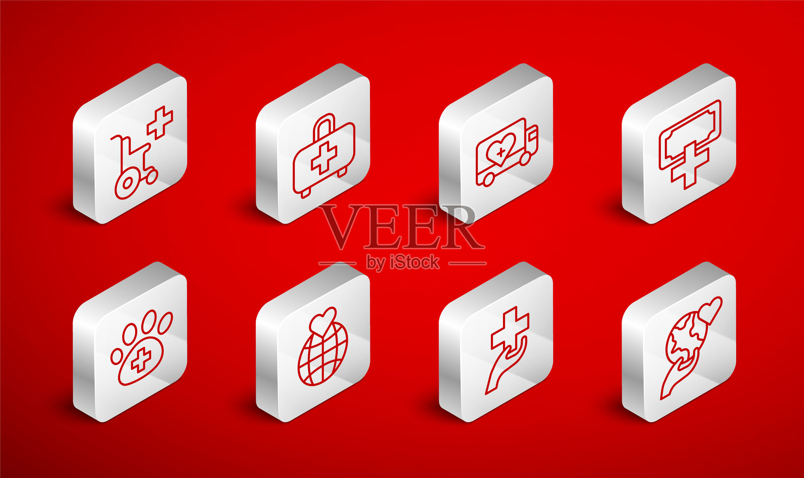 手握地球仪的图标，急救箱，人道主义卡车，捐赠慈善，带十字的心，残疾人轮椅，兽医诊所图标。矢量图。插画图片素材