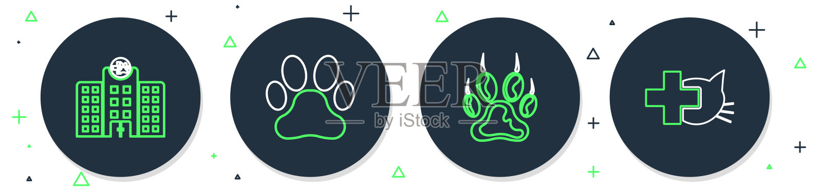 兽医医院和诊所图标，带有爪印线条设计。插画图片素材