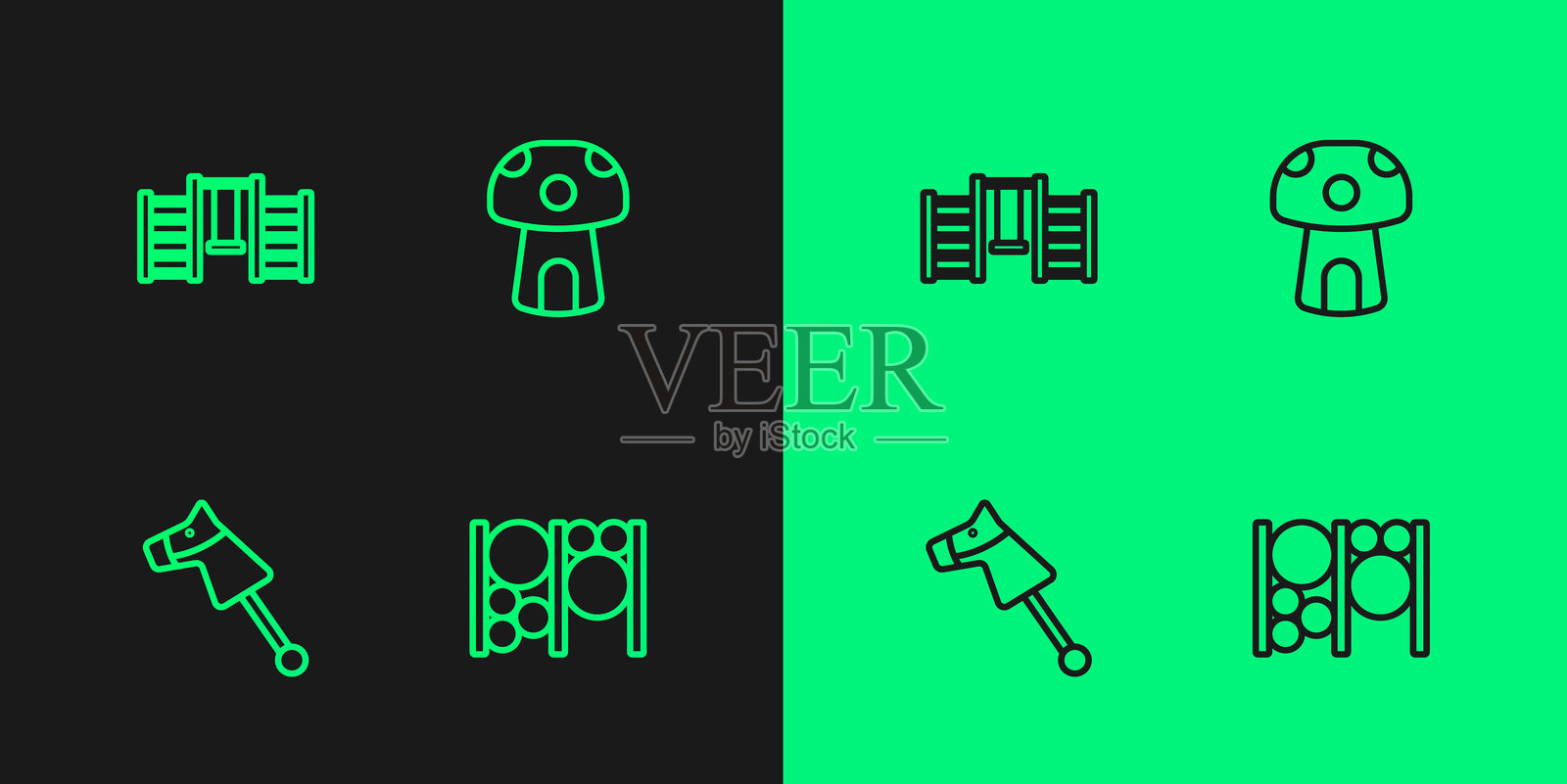 游乐场攀爬设备、玩具马、瑞典墙和蘑菇屋图标。矢量图。插画图片素材