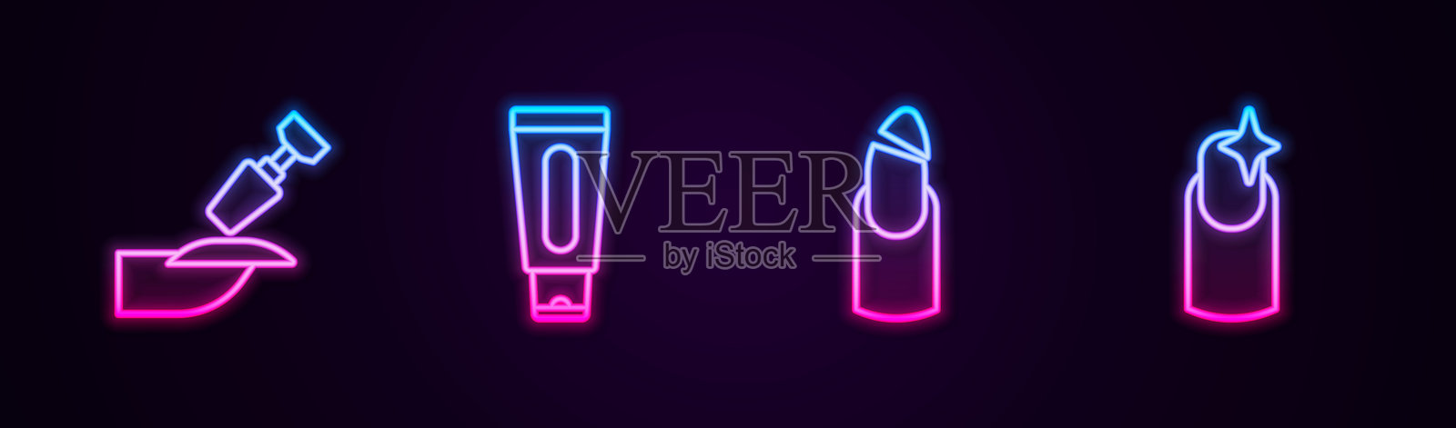 美甲用的铣刀、手霜管、断指甲和指甲。发光的霓虹图标。矢量图。插画图片素材