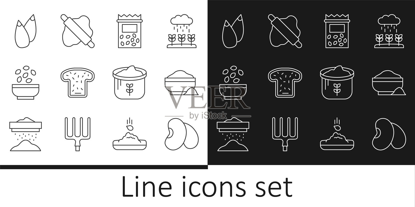 豆荚、面粉碗、装满植物种子的袋子、烤面包、种子、面粉袋和擀面杖图标。矢量图。插画图片素材