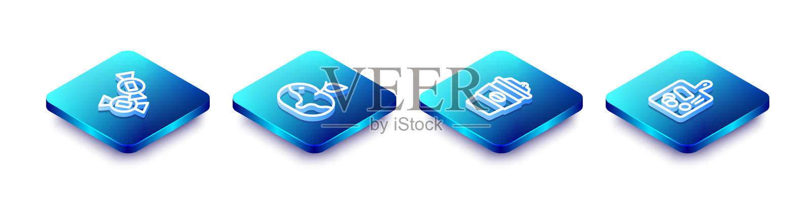 等距线图标：糖果、焦糖苹果、外带咖啡杯和切菜板。矢量图。插画图片素材