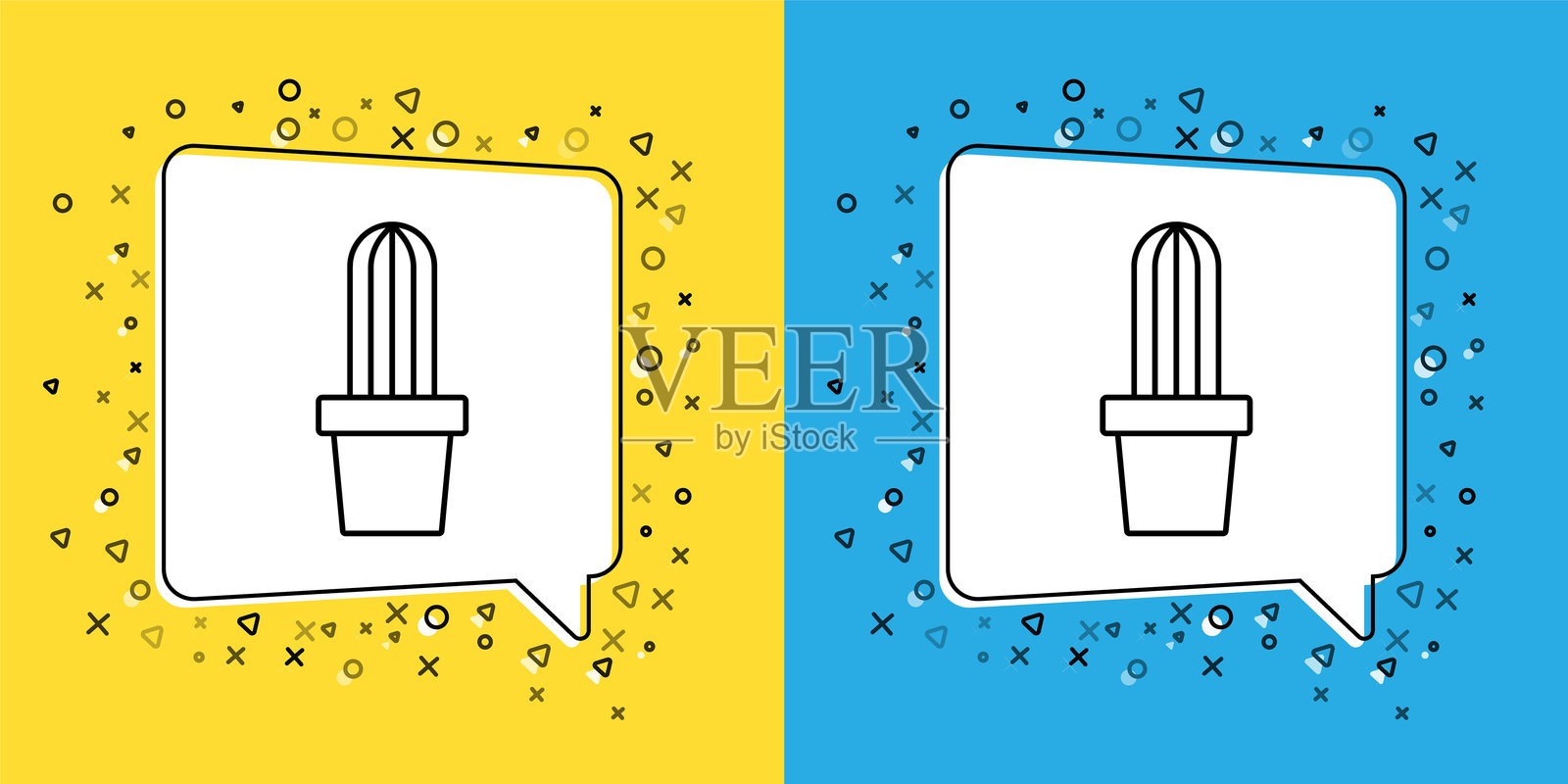 仙人掌佩约特在花盆中的图标，背景为黄色和蓝色。植物在花盆中生长。盆栽植物标志。矢量图。插画图片素材