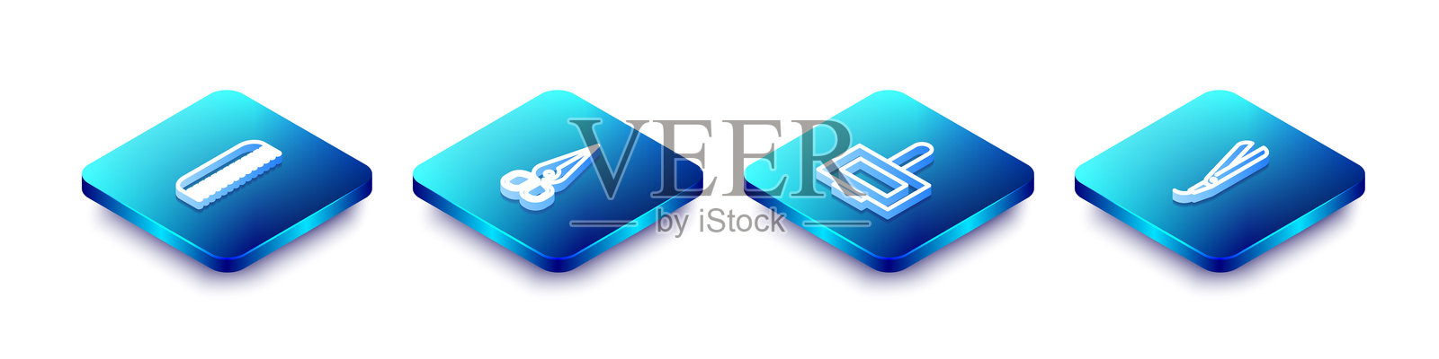 等距线发刷、剪刀、指甲油瓶和卷发棒图标。矢量图。插画图片素材