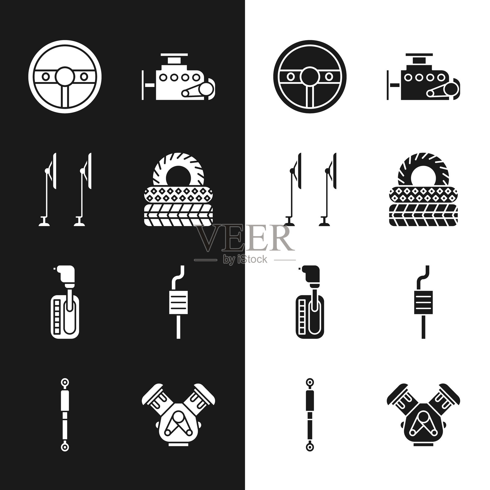 汽车轮胎、挡风玻璃雨刷、方向盘、发动机、换挡杆、消声器和减震器图标。矢量图。插画图片素材