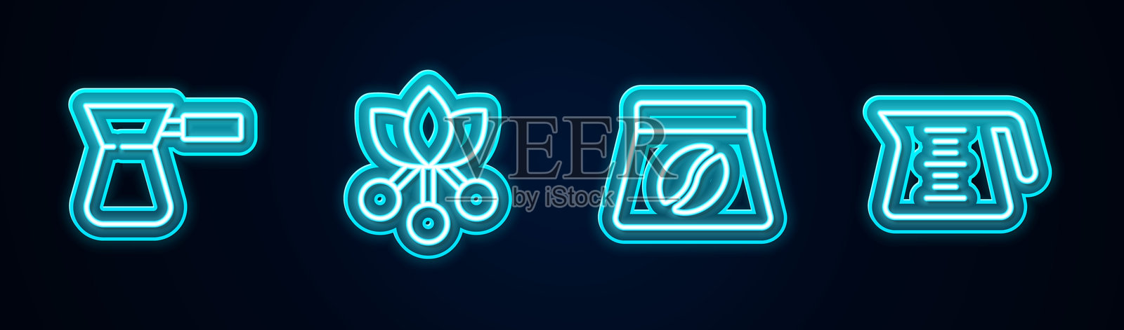 咖啡壶、咖啡豆、咖啡树枝、咖啡豆袋的线条图标。发光的霓虹图标。矢量图。插画图片素材