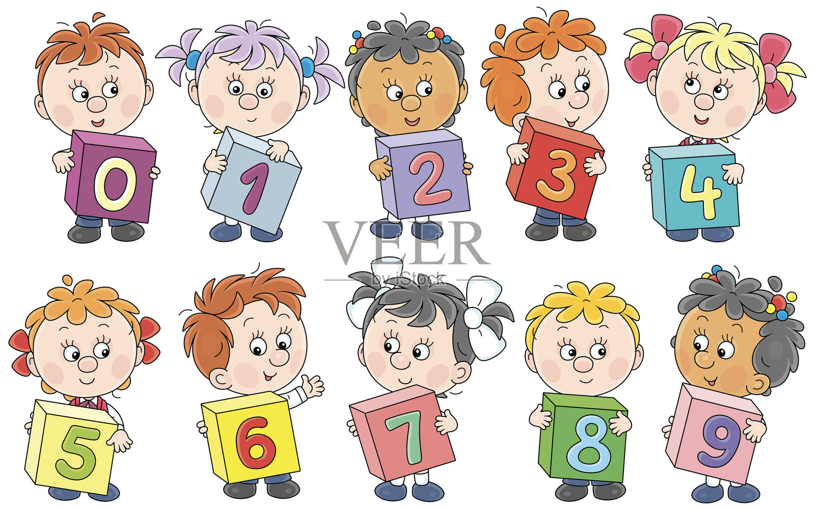 小学生与数字积木插画图片素材