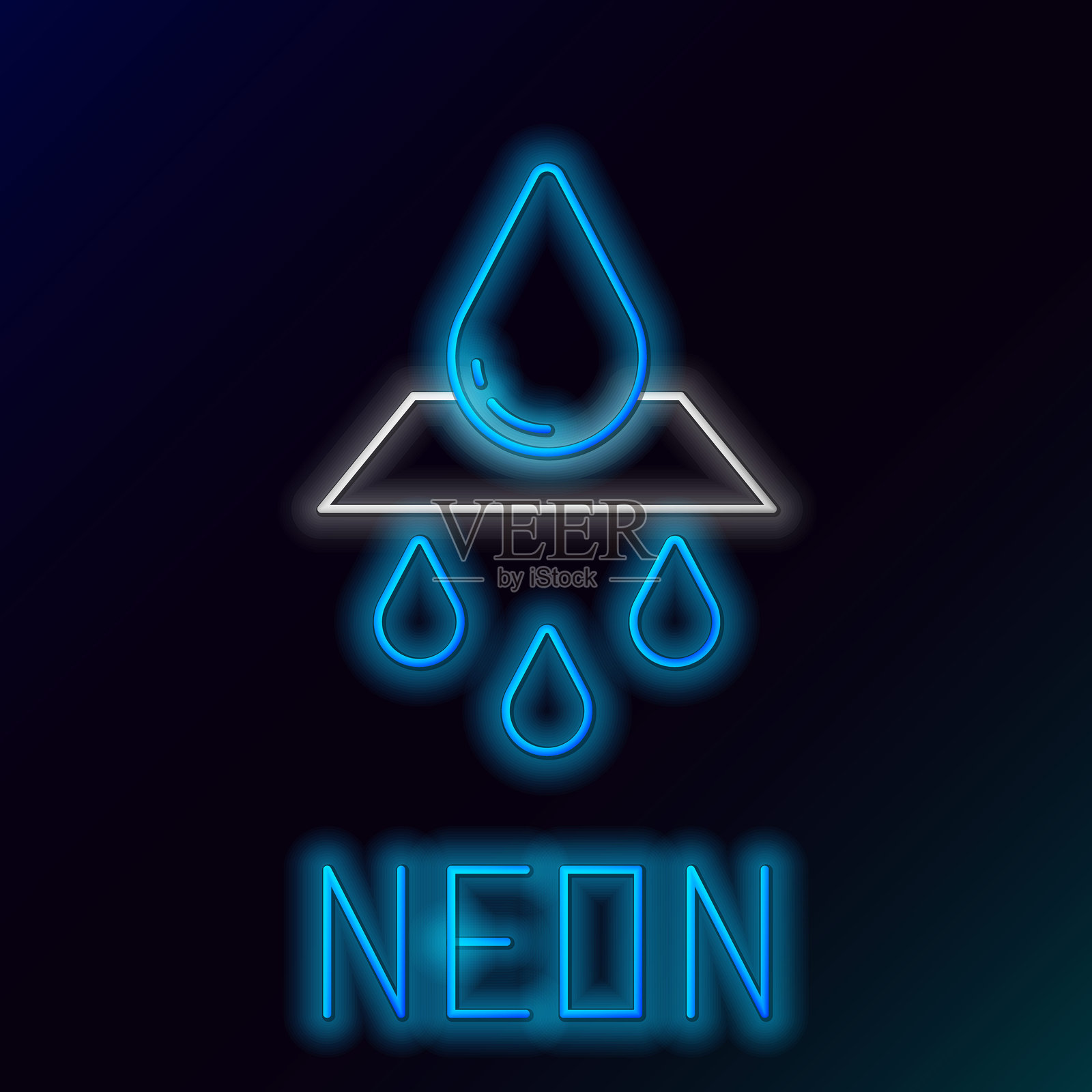 发光的霓虹线回收清洁水蓝图标，背景为黑色。带有回收标志的水滴。彩色轮廓概念。矢量图。插画图片素材