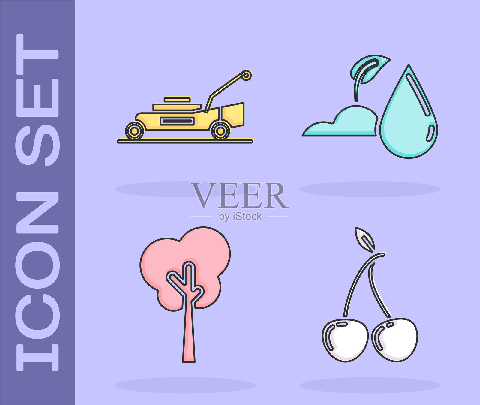 樱桃、割草机、树木和浇水喷头图标。矢量图。插画图片素材