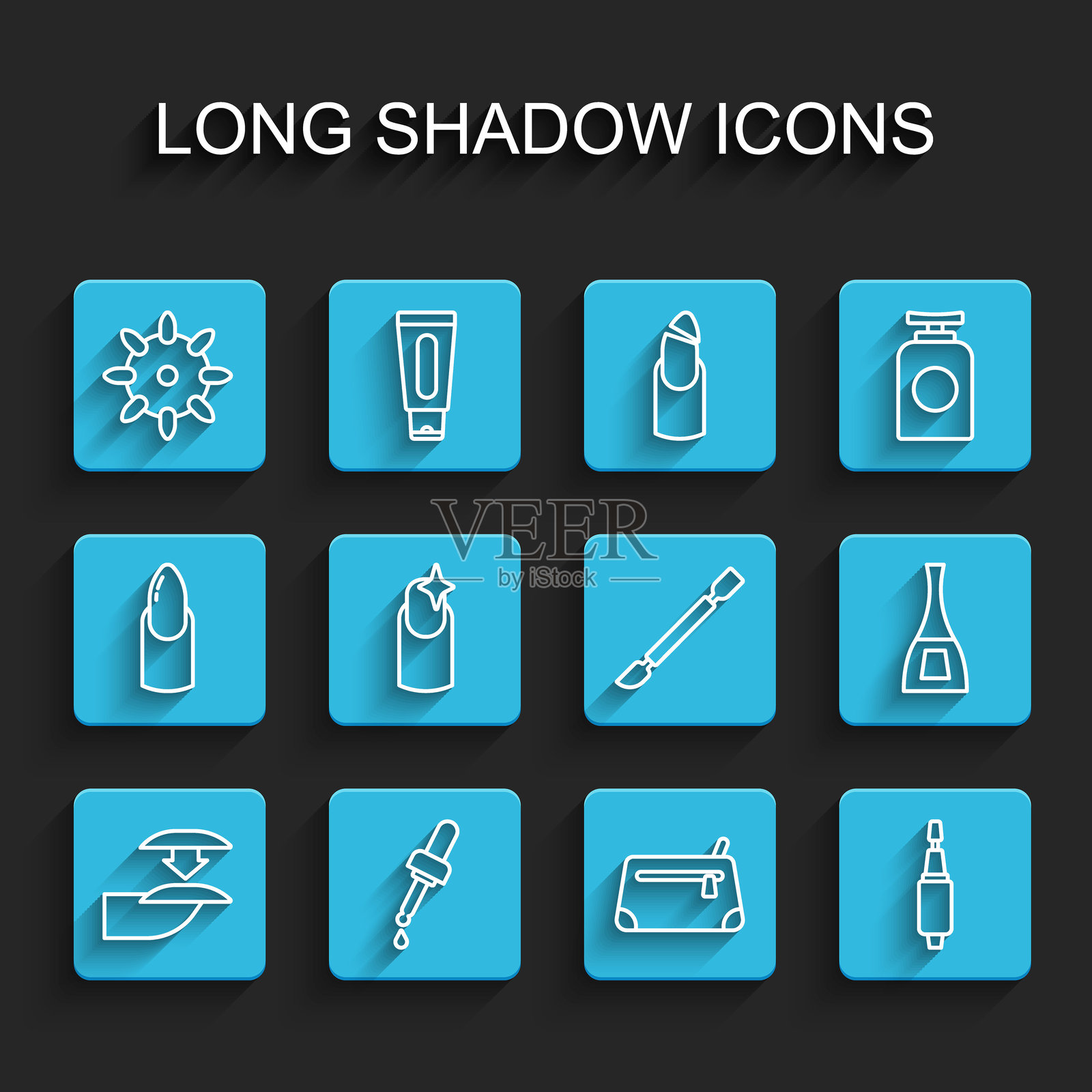 假指甲、油滴管、化妆包、美甲铣刀、指甲、指甲油瓶和推皮器图标。矢量图。插画图片素材