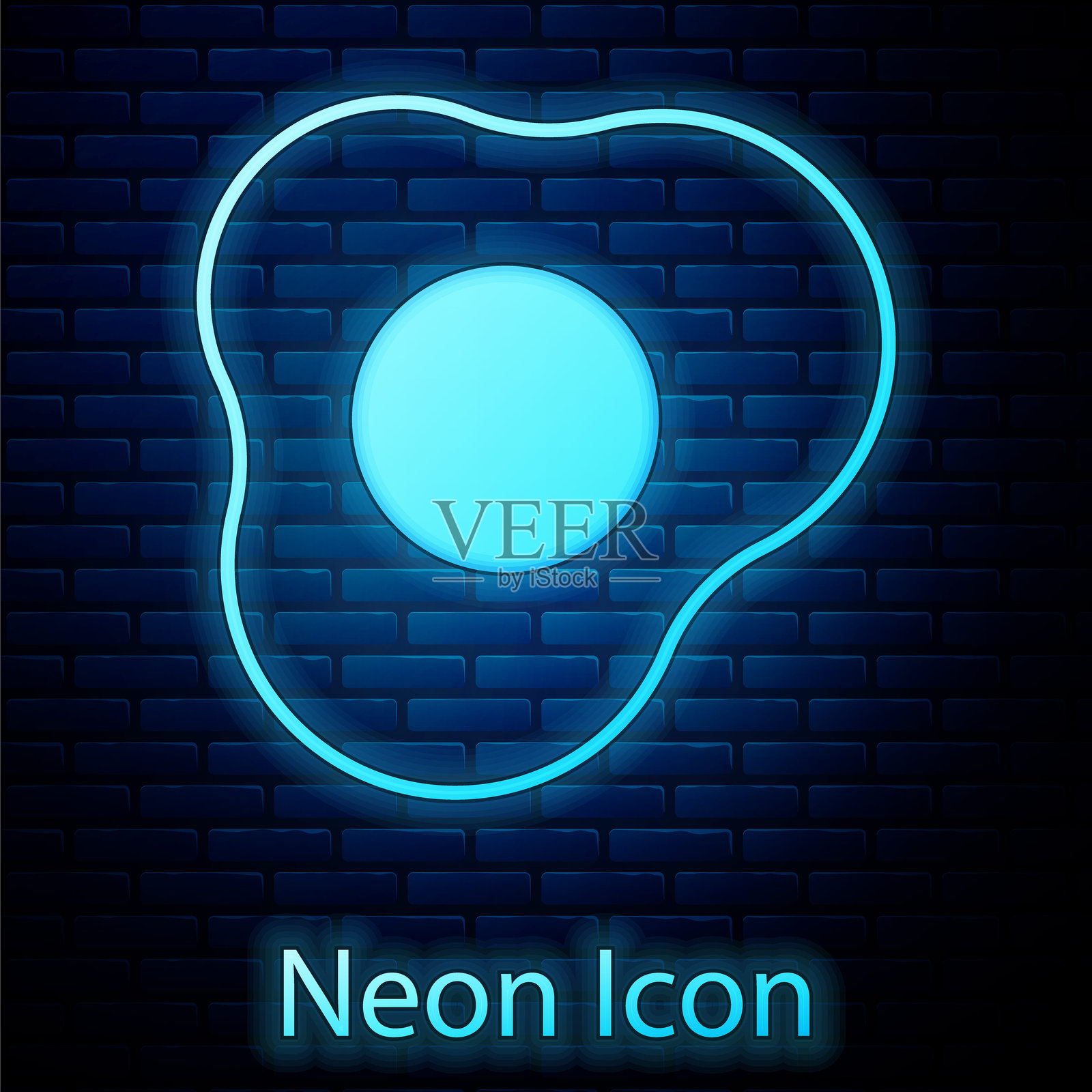 发光的霓虹炒蛋图标，背景为砖墙。家常菜，煎蛋，健康早餐，煎蛋卷图标。矢量图。插画图片素材