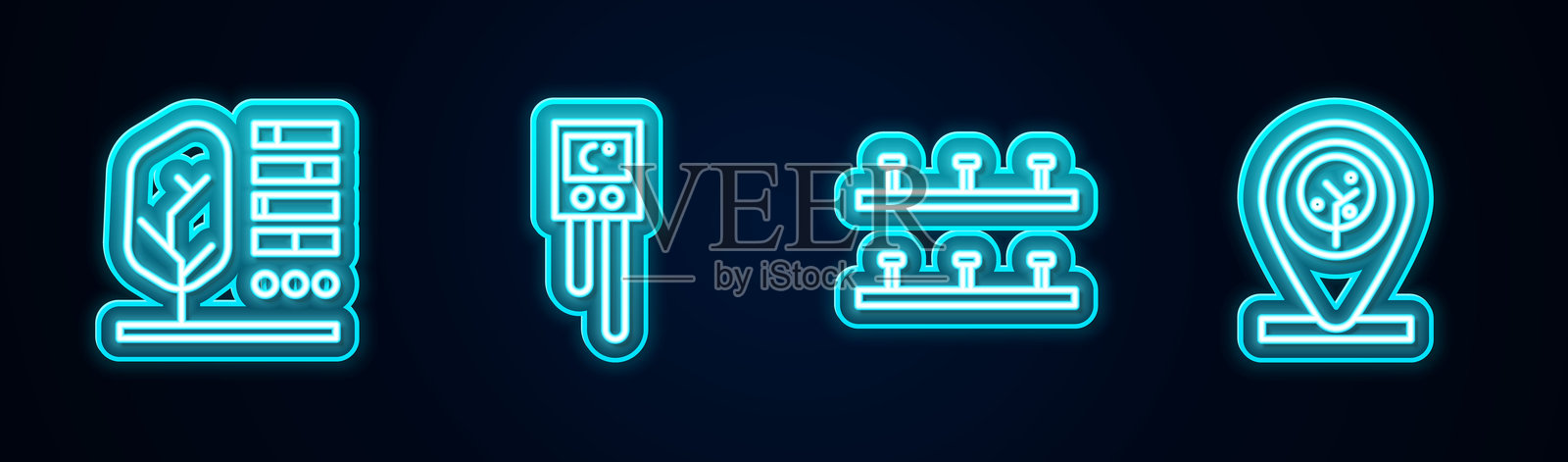 设置线植物状态、温湿度传感器、自动灌溉喷头和位置树。发光霓虹图标。矢量图。插画图片素材