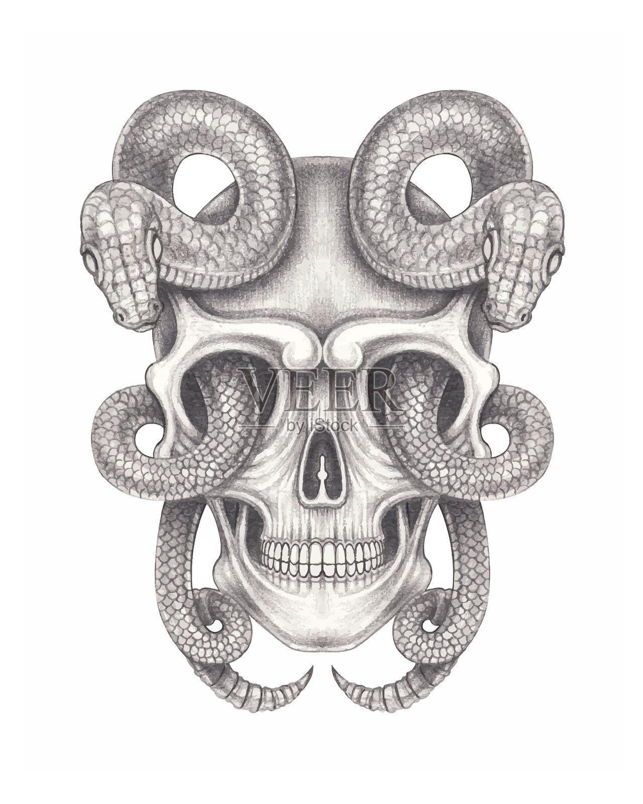 带有蛇纹身的超现实艺术。插画图片素材