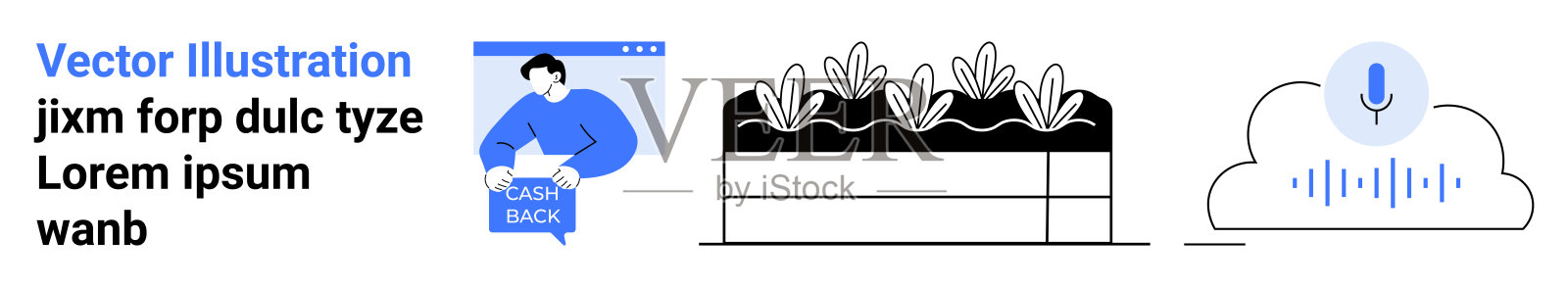 数字插图，展示网站、花园床和云存储图标插画图片素材