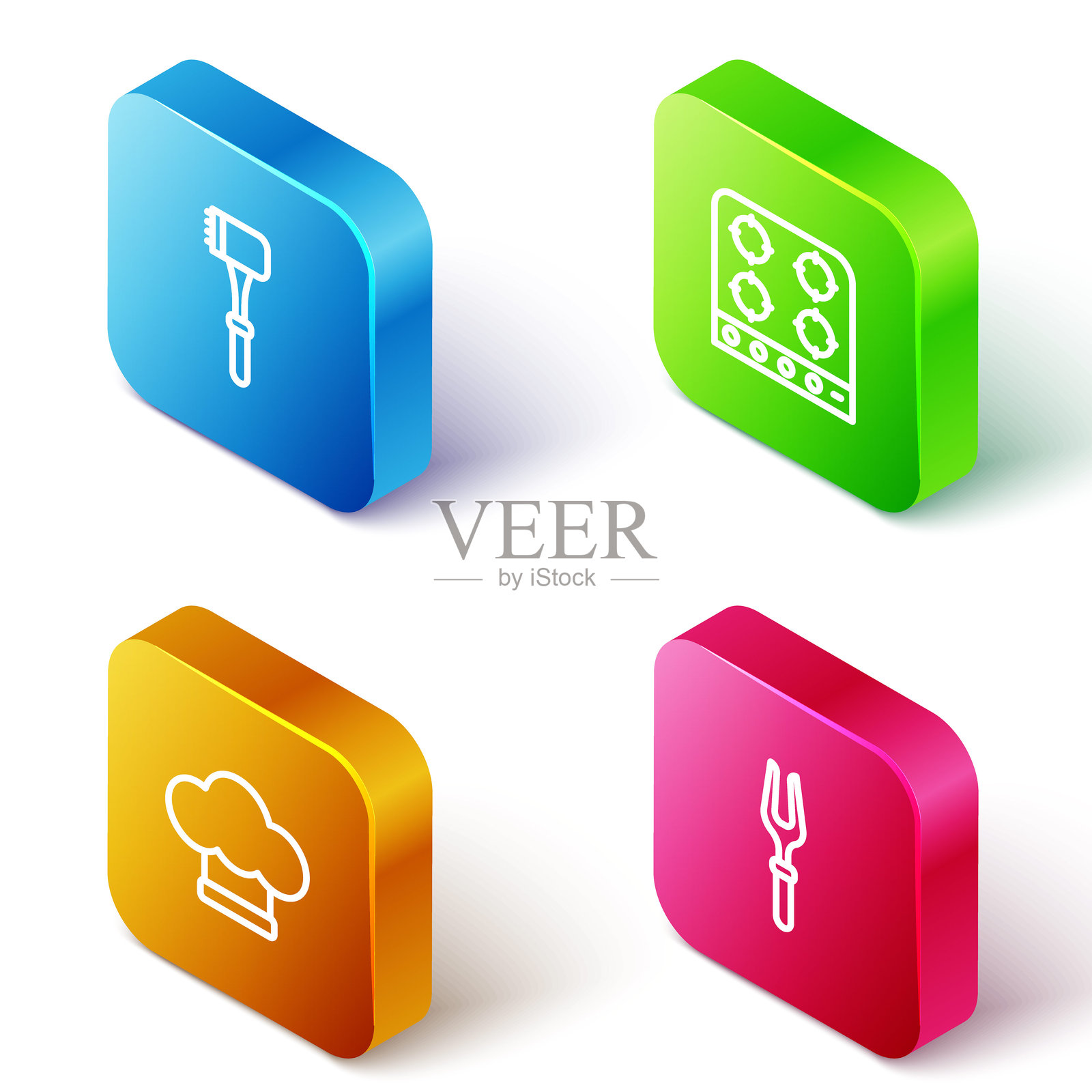 等距线厨房锤、燃气灶、厨师帽和烧烤叉图标。矢量图。插画图片素材