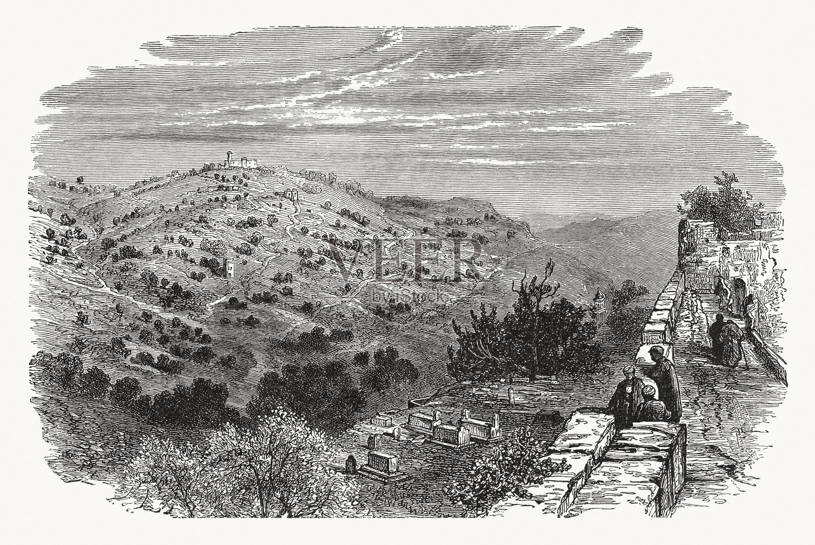 耶路撒冷以色列的橄榄山，木刻版画，出版于1894年插画图片素材