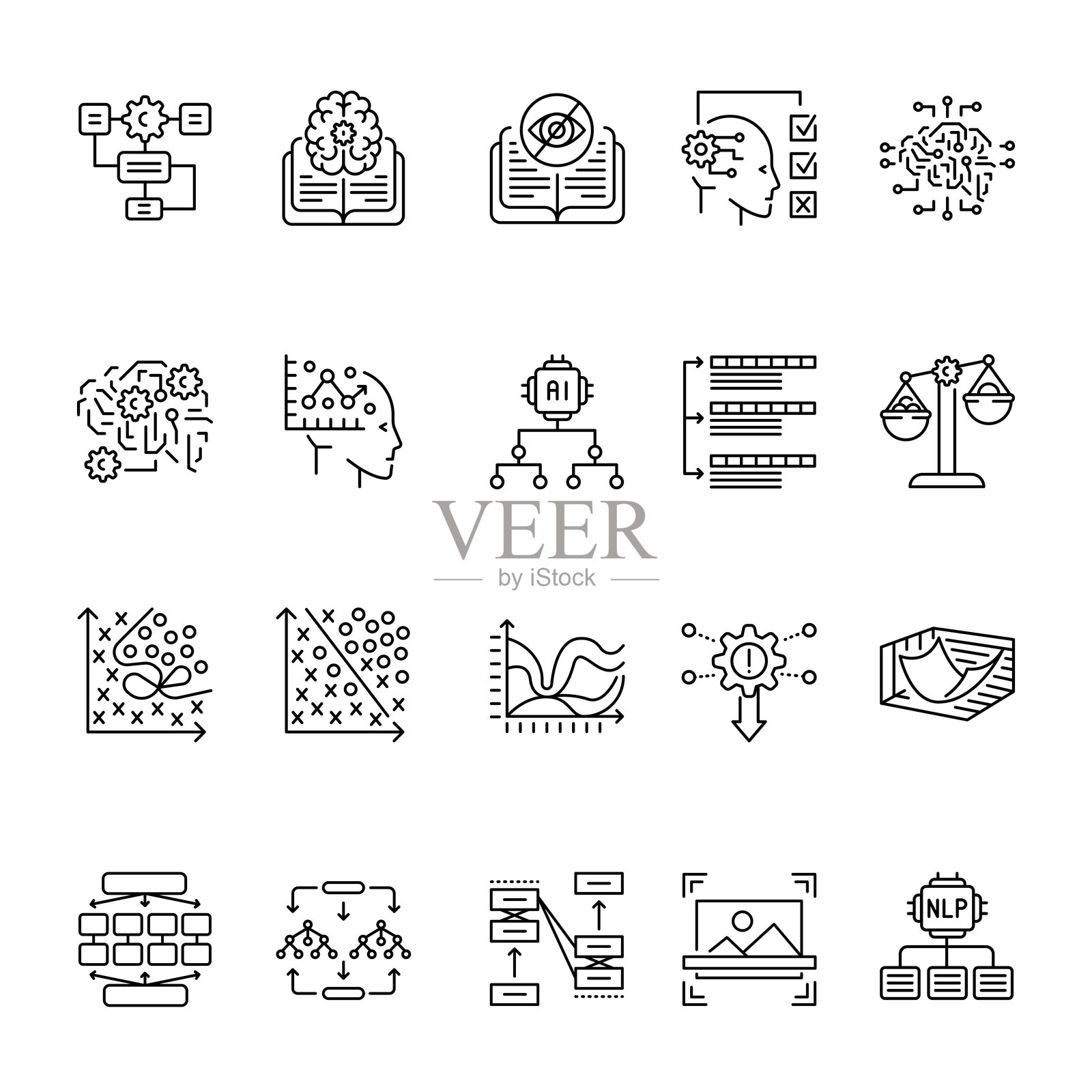 机器学习黑色线条图标集，适用于数字和印刷项目。插画图片素材