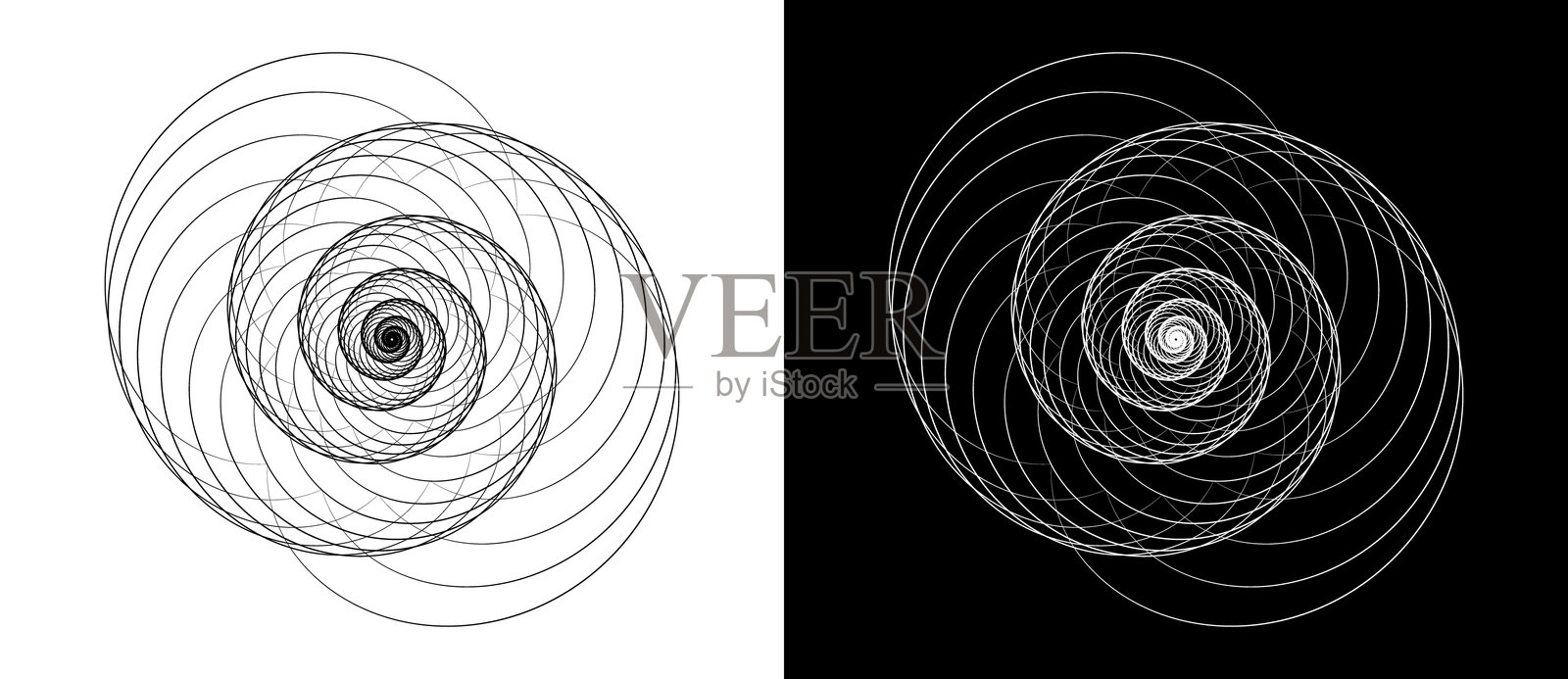 动态抽象矢量背景或标志或图标的螺旋线。阴阳符号。黑色螺旋在白色背景上，白色螺旋在黑色背景上。插画图片素材
