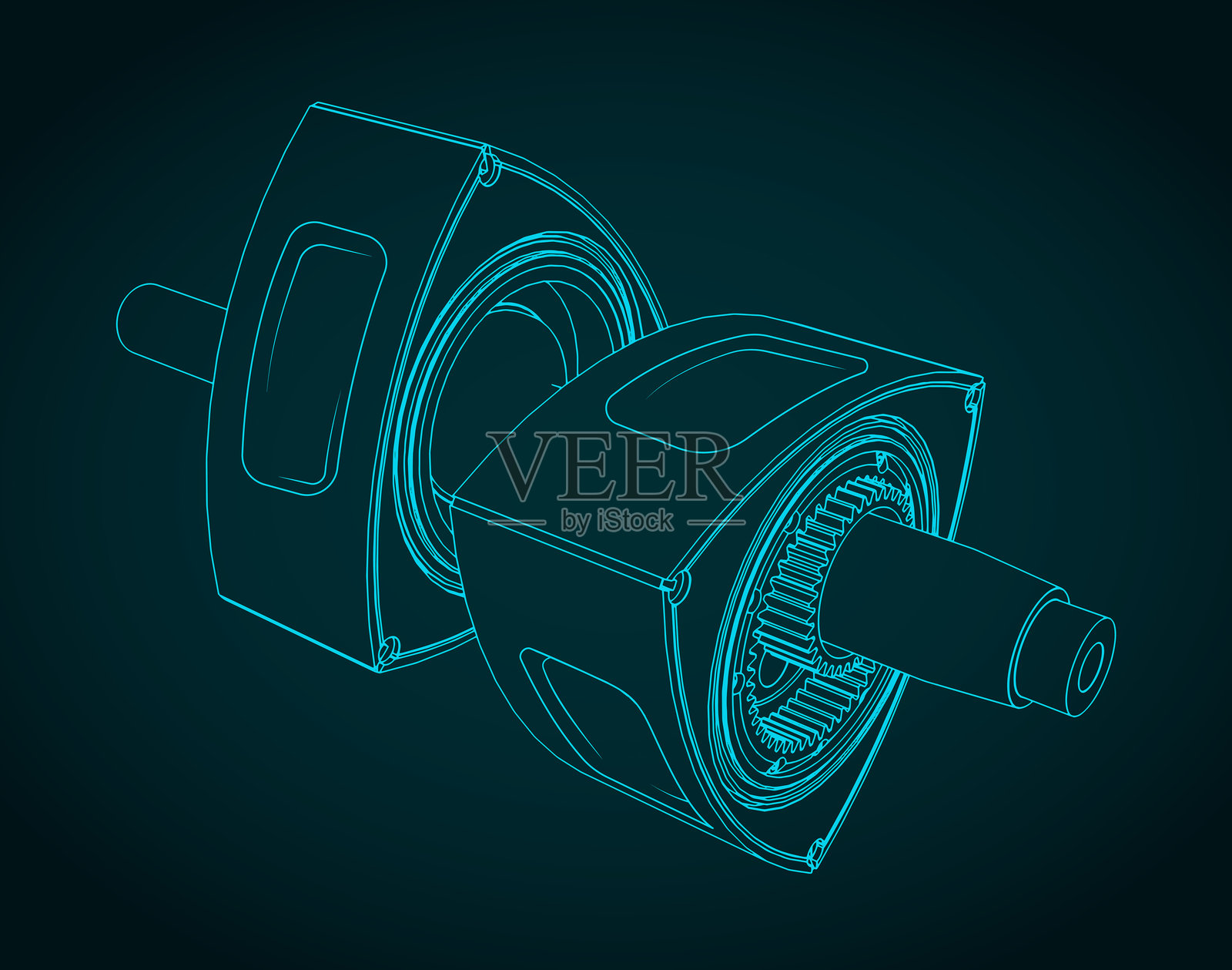 旋转发动机的转子和偏心轴等轴测蓝图插画图片素材