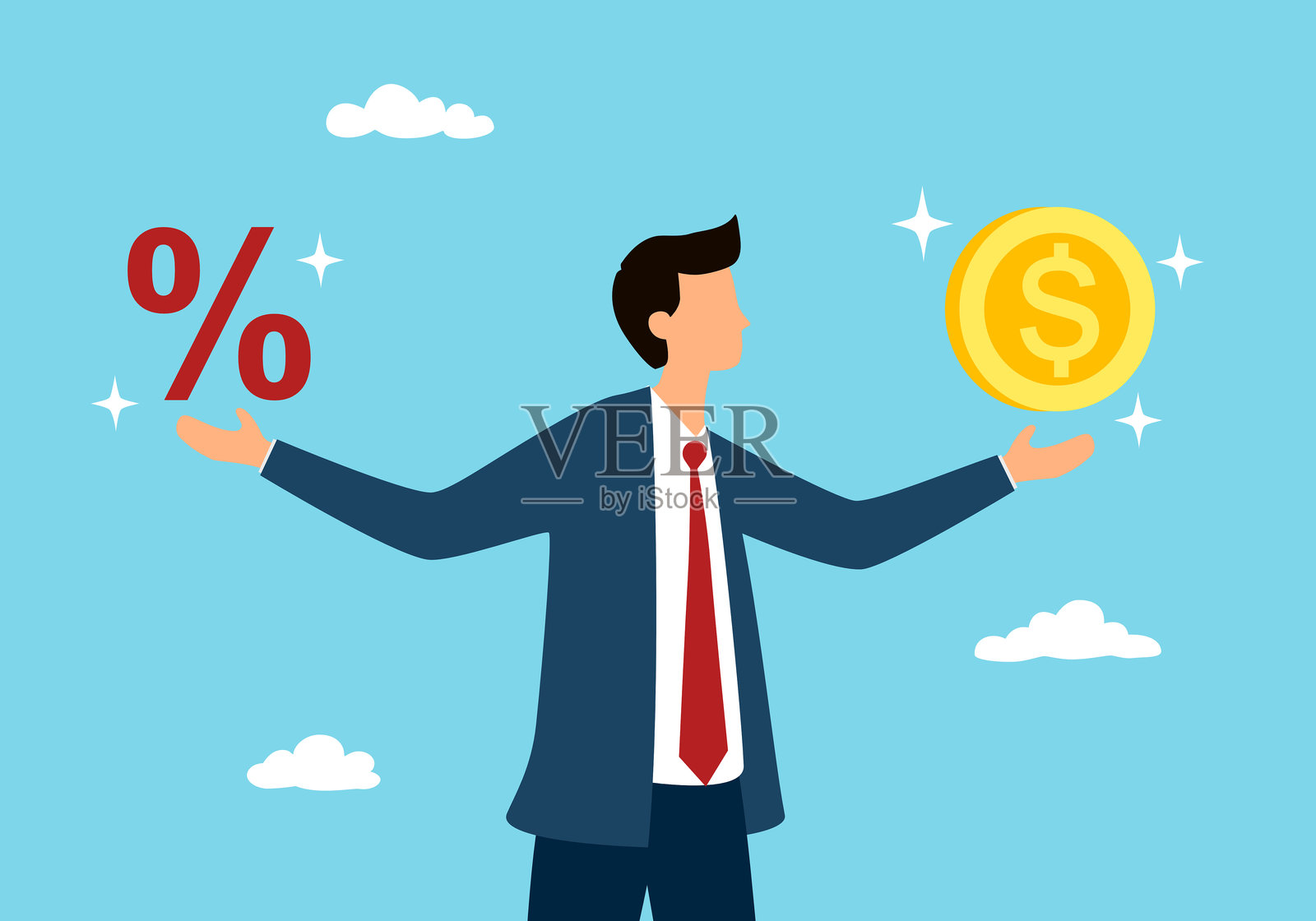 贷款、抵押贷款或贷款利率，金融信贷，经济增长或所得税计算，债务或金融信贷，投资概念，商人手持美元硬币和百分比。插画图片素材