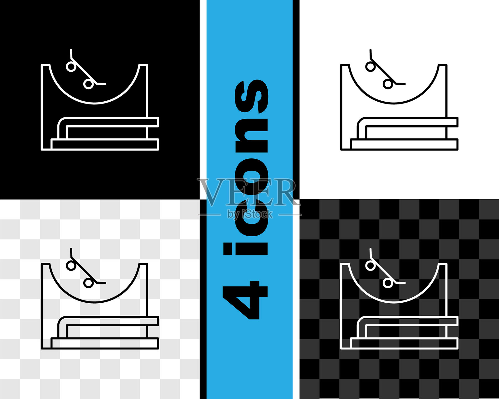 滑板公园图标，黑白色，透明背景。滑板公园的坡道、滑轮、楼梯组合。极限运动。矢量图。插画图片素材