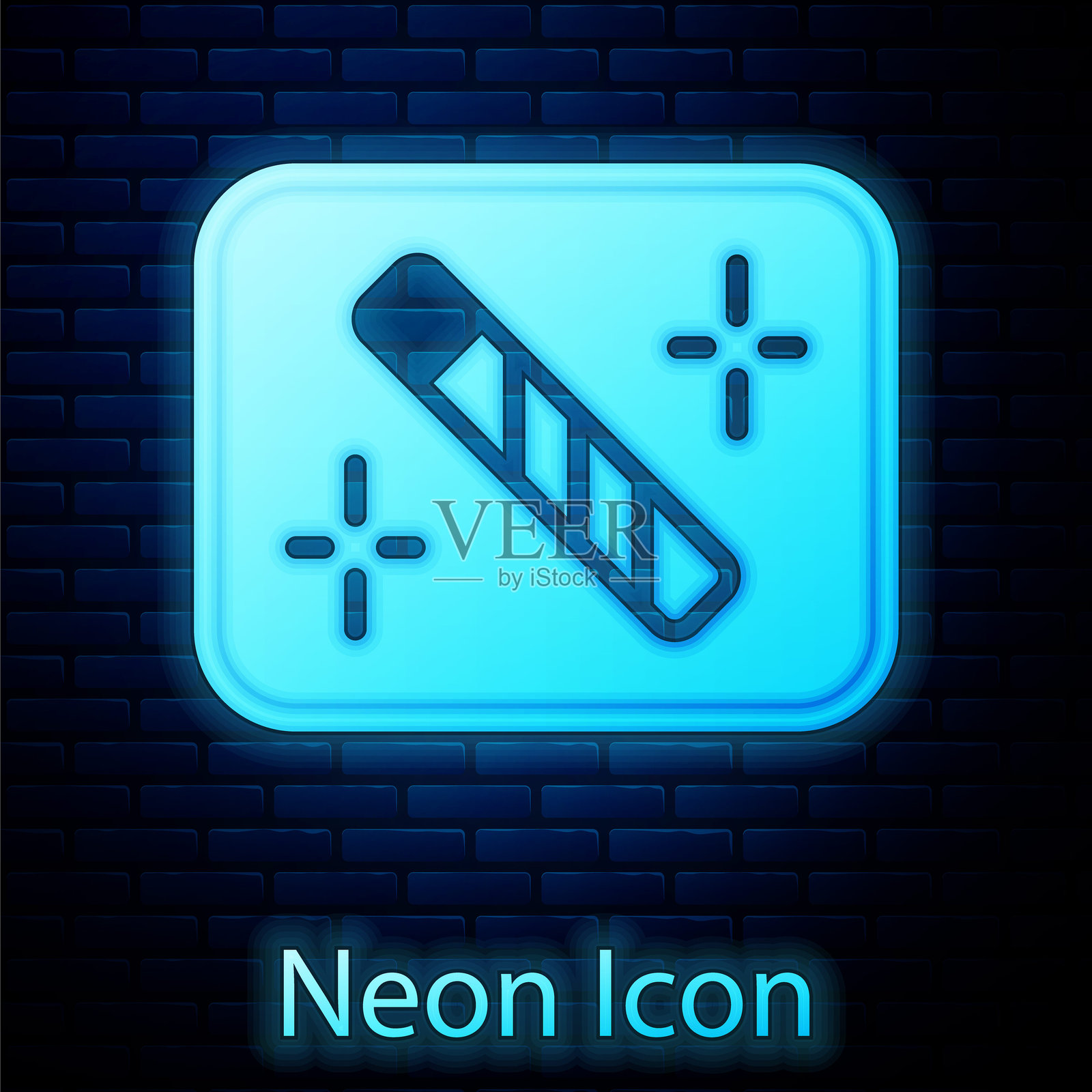 发光的霓虹照片修饰图标，背景为砖墙。摄影师，摄影，修饰图标。矢量图。插画图片素材