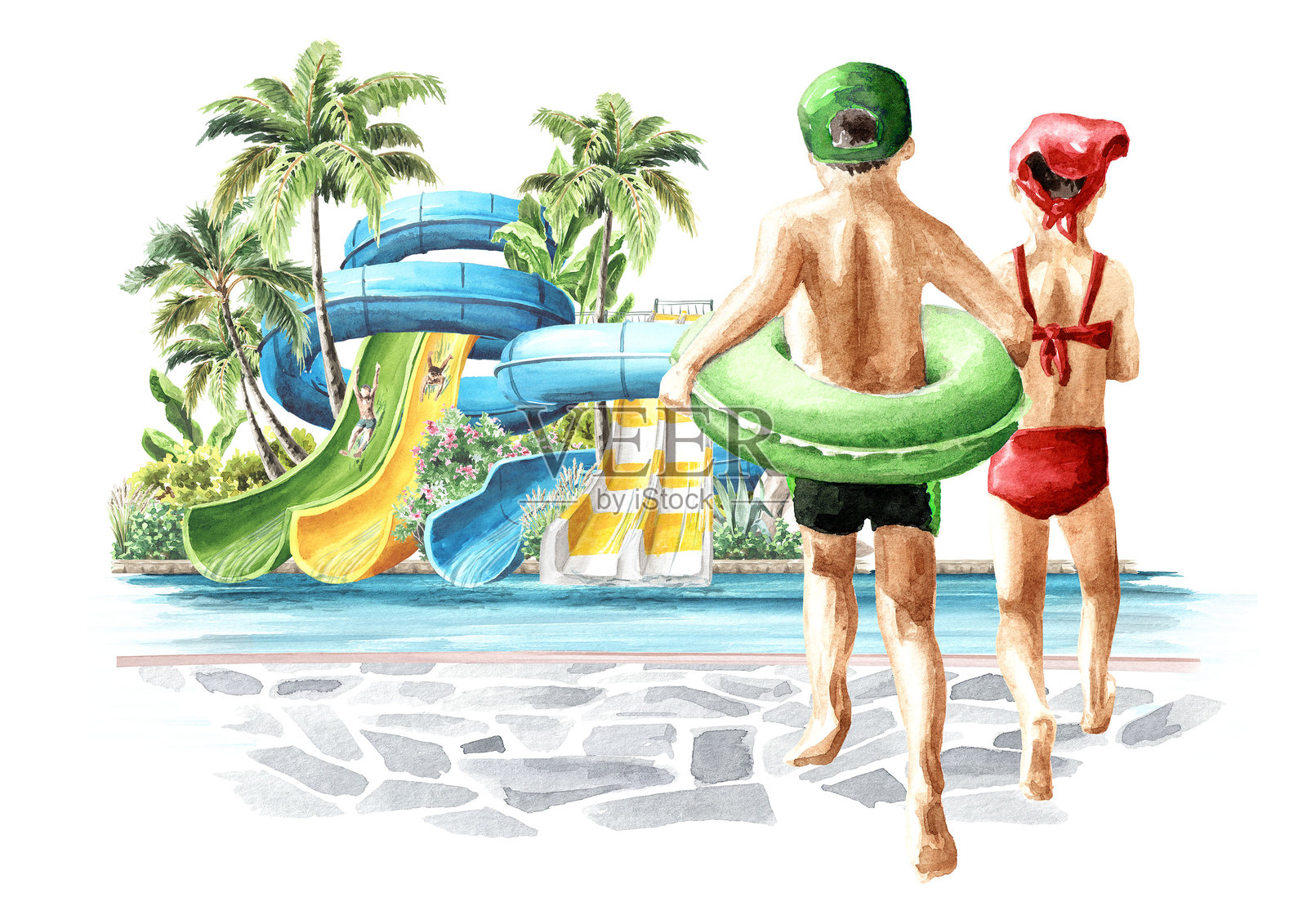 水上乐园概念。孩子们在水上乐园的游泳池中。手绘水彩插图，背景为白色。插画图片素材