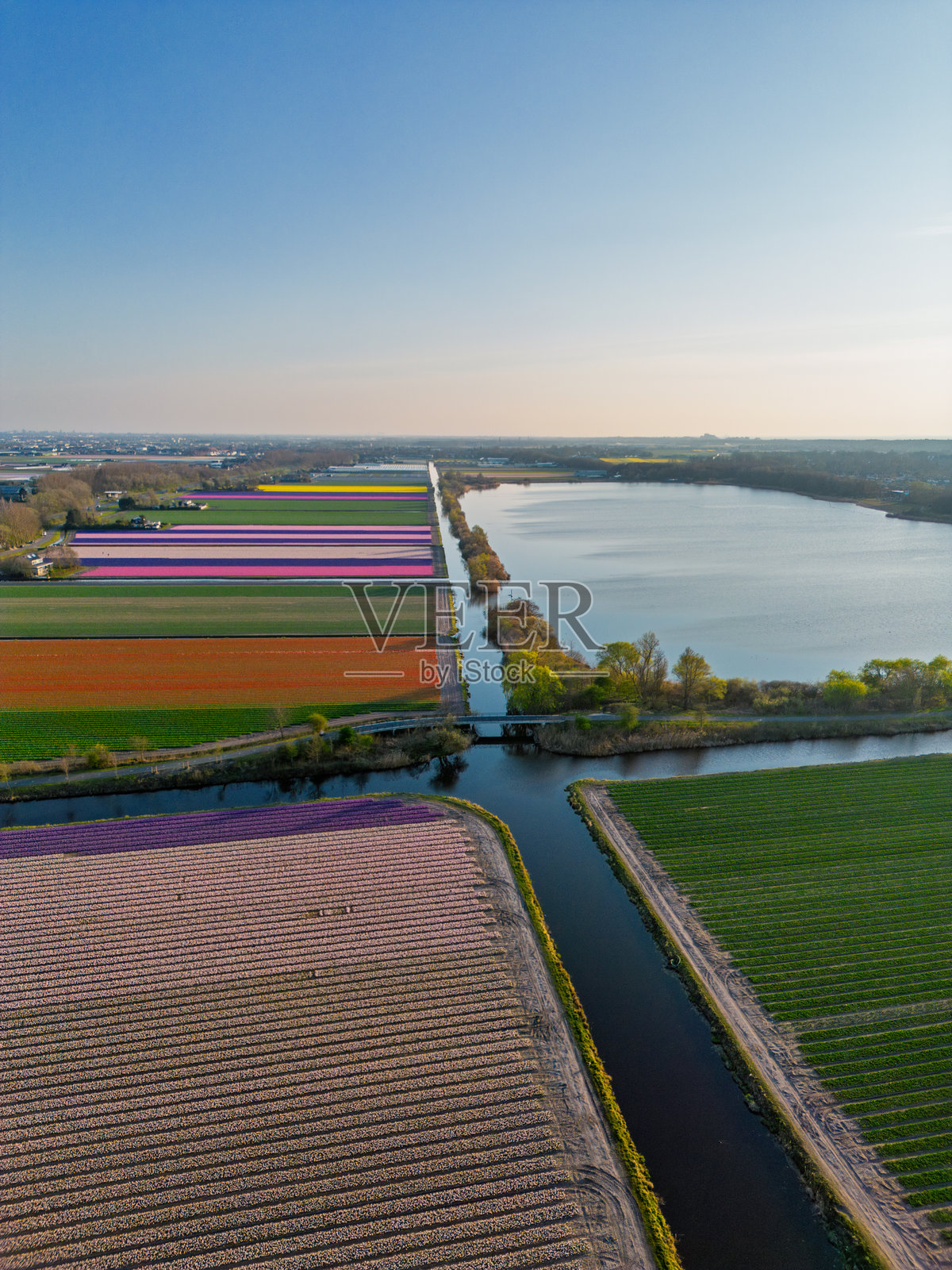 海岸附近风景如画的农田鸟瞰图，色彩斑斓的花田、茂密的森林和园林公园中的圆形池塘尽收眼底。远处的北海在晴朗的天空下若隐若现。照片摄影图片