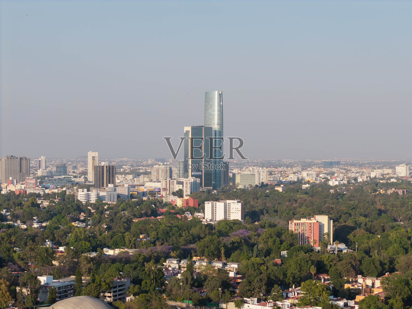 在墨西哥城的阳光明媚的下午，建筑物和人们享受着春天的时光照片摄影图片