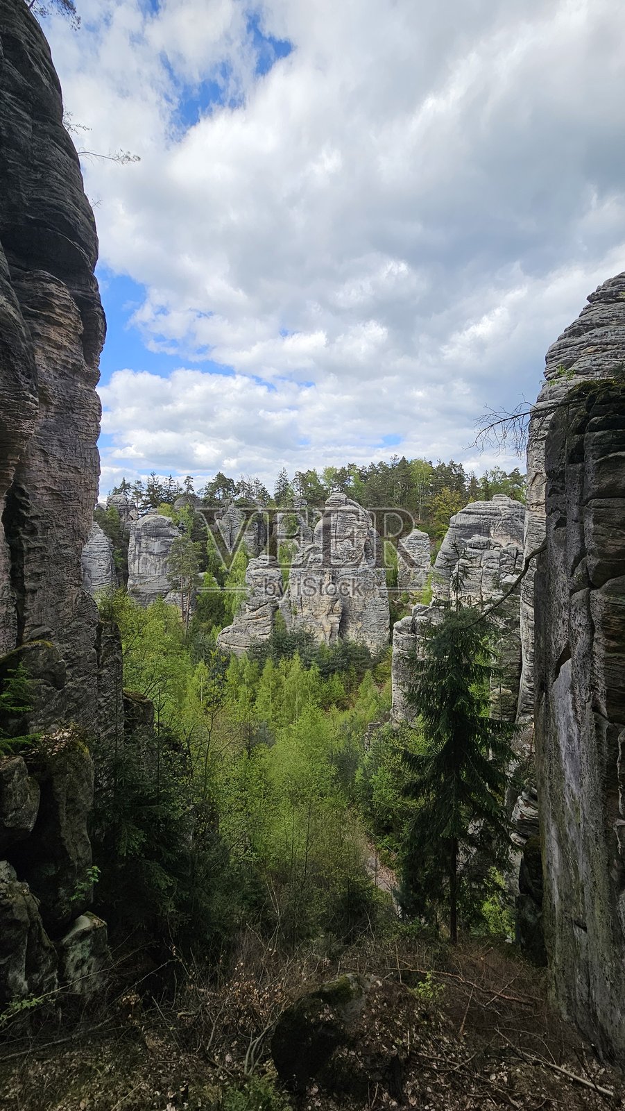 壮丽岩石形成的美景，四周环绕着郁郁葱葱的森林照片摄影图片
