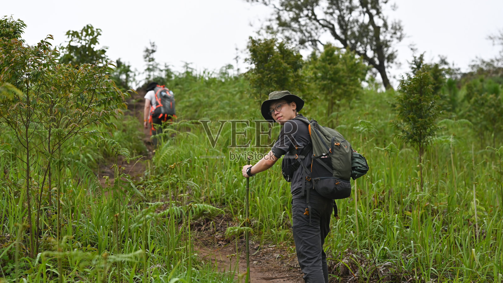 一位徒步旅行者在郁郁葱葱的小径上停下，微笑着回头，而另一位徒步旅行者则继续向前。冒险、探索和自然之美照片摄影图片