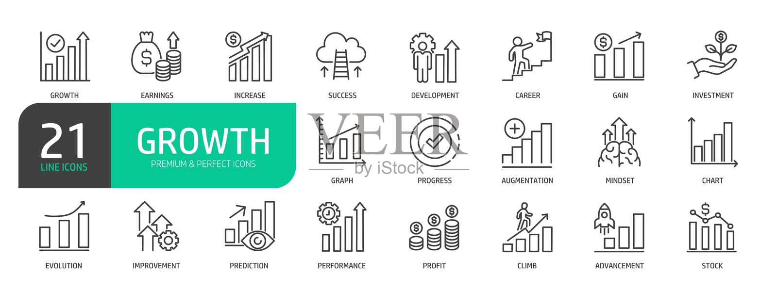 一套增长线条图标。包含收益、增长、成功、职业、投资、进步、心态、演变、利润等图标。插画图片素材