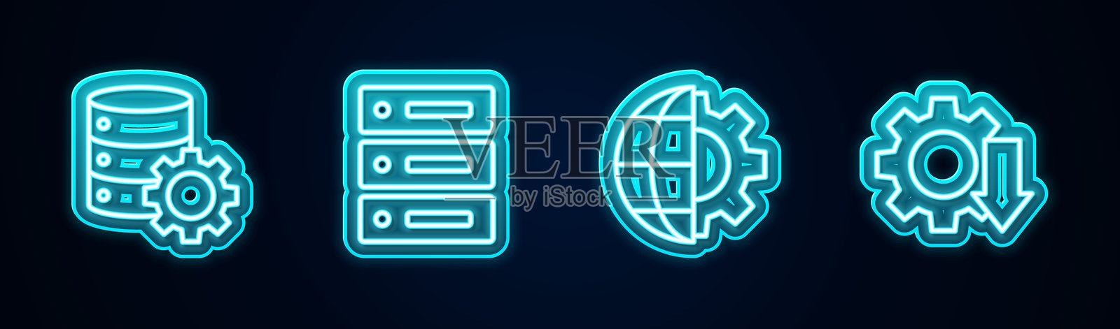 服务器和设备，服务器，数据，网络托管，地球仪和成本降低。发光霓虹图标。矢量图。插画图片素材