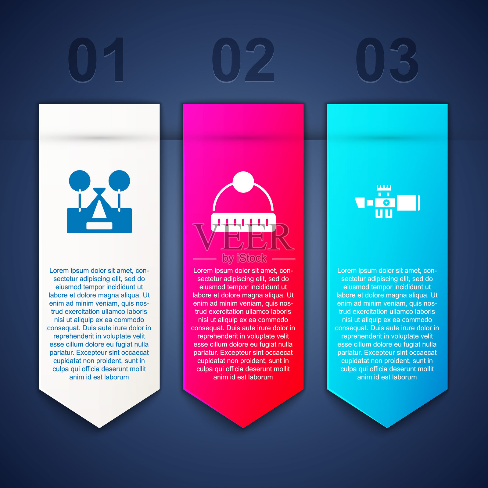 旅游帐篷、冬季帽子和狙击光学瞄准器。商业信息图模板。矢量图插画图片素材