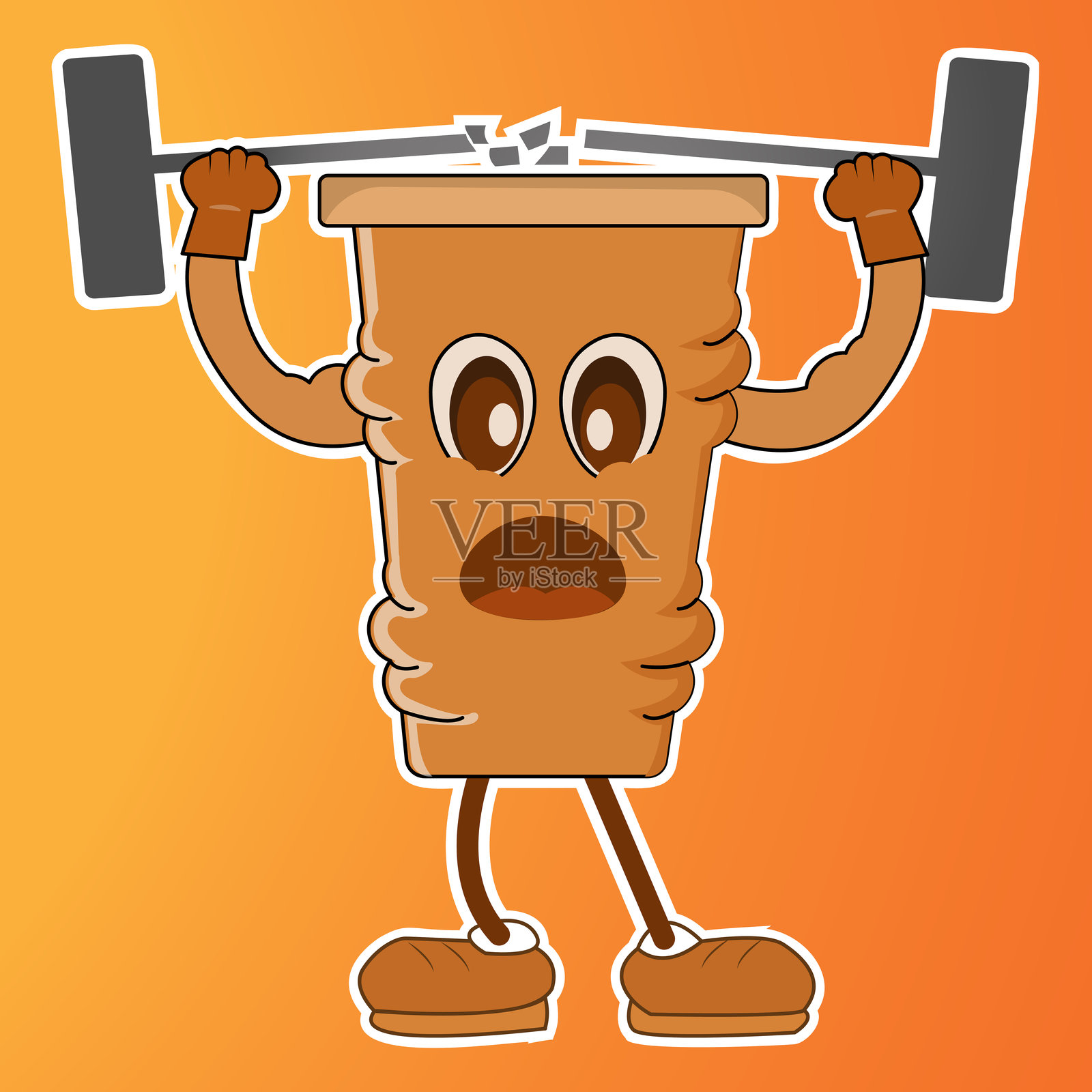 奇特的卡通咖啡杯角色贴纸举着哑铃