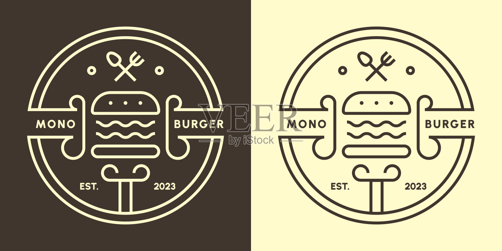 优雅的汉堡印章标签徽章贴纸logo。矢量符号，扁平化简单轮廓食品。插画图片素材