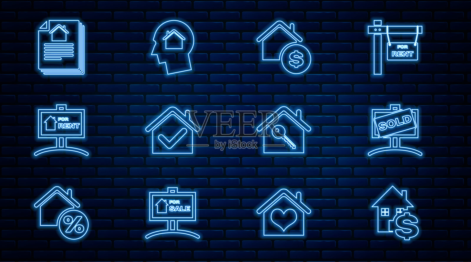 带有美元的房屋线条图，悬挂的“已售”标志，勾号，“待租”字样，合同，钥匙，以及一个梦想购买房屋的人物图标。矢量图。插画图片素材