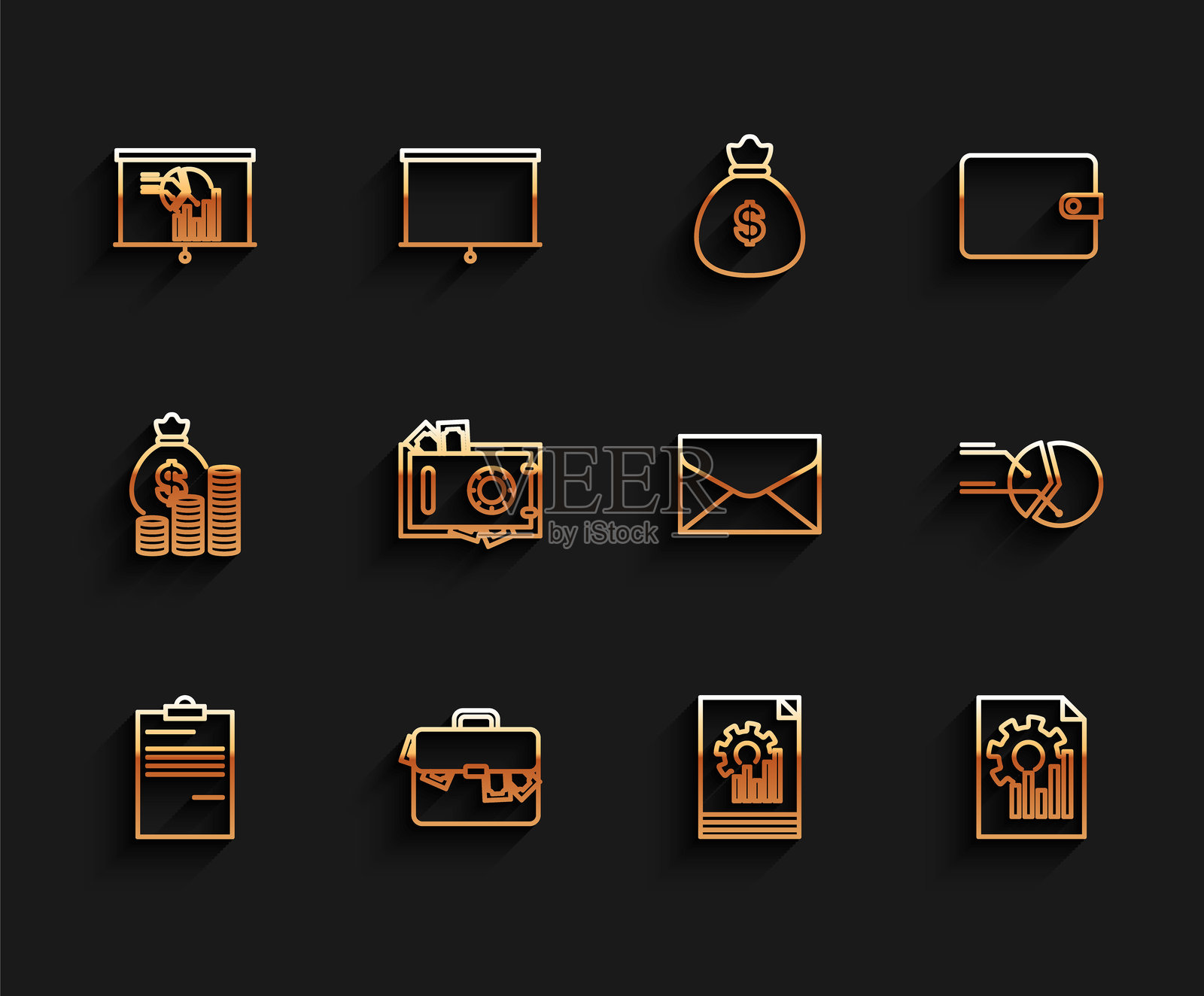 文件夹、手提箱和钱，带图表的板，保险箱，饼图信息图和信封图标。矢量图。插画图片素材