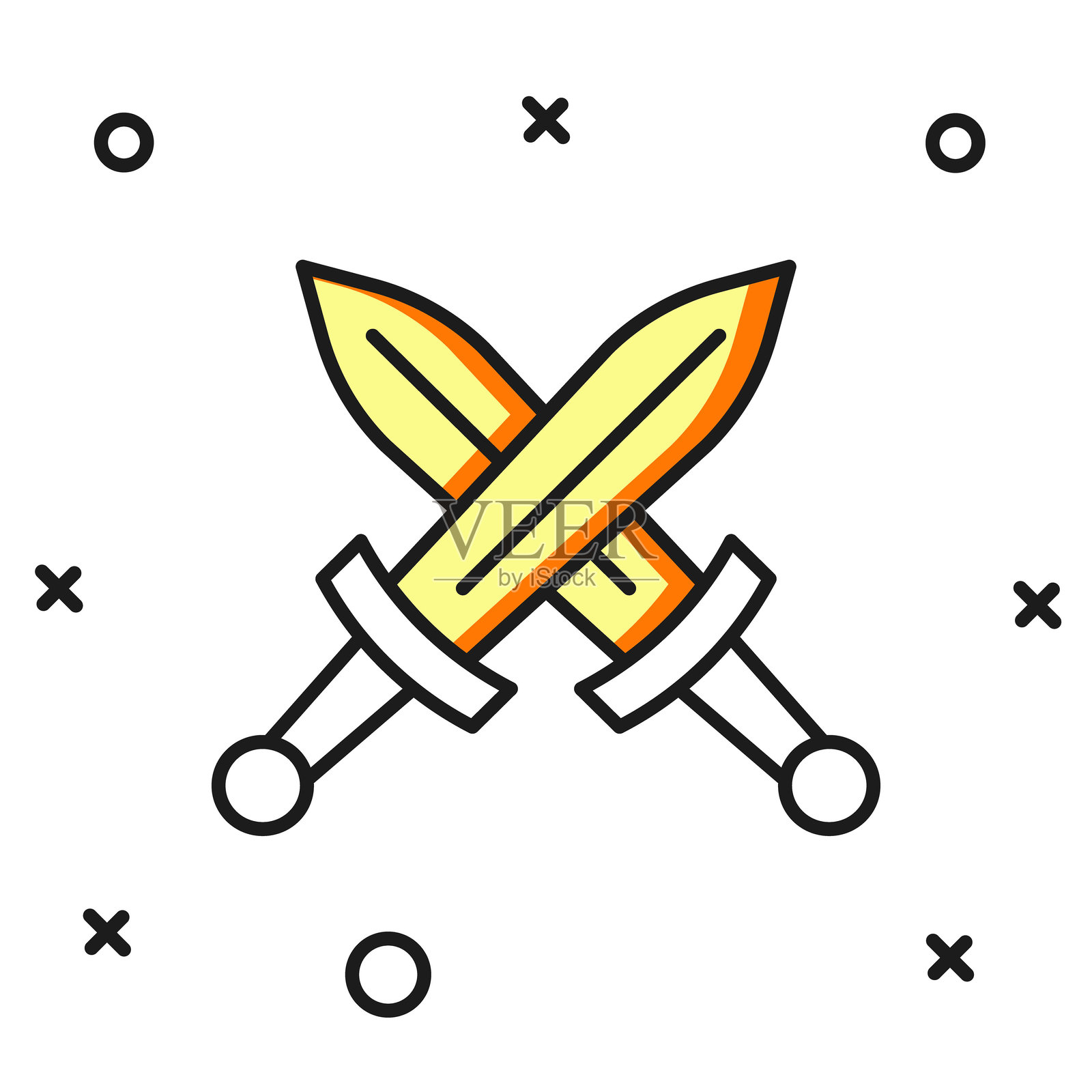 填充轮廓的交叉中世纪剑图标，背景为白色。中世纪武器。扁平填充轮廓风格，带阴影。矢量图。插画图片素材