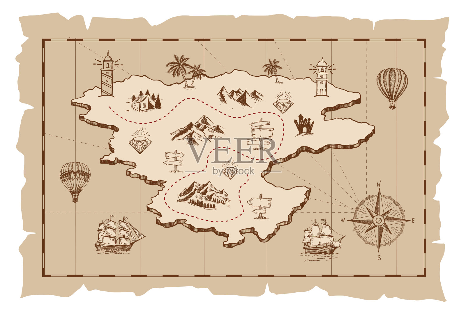 旧海盗藏宝图，背景为白色，手绘插图。插画图片素材